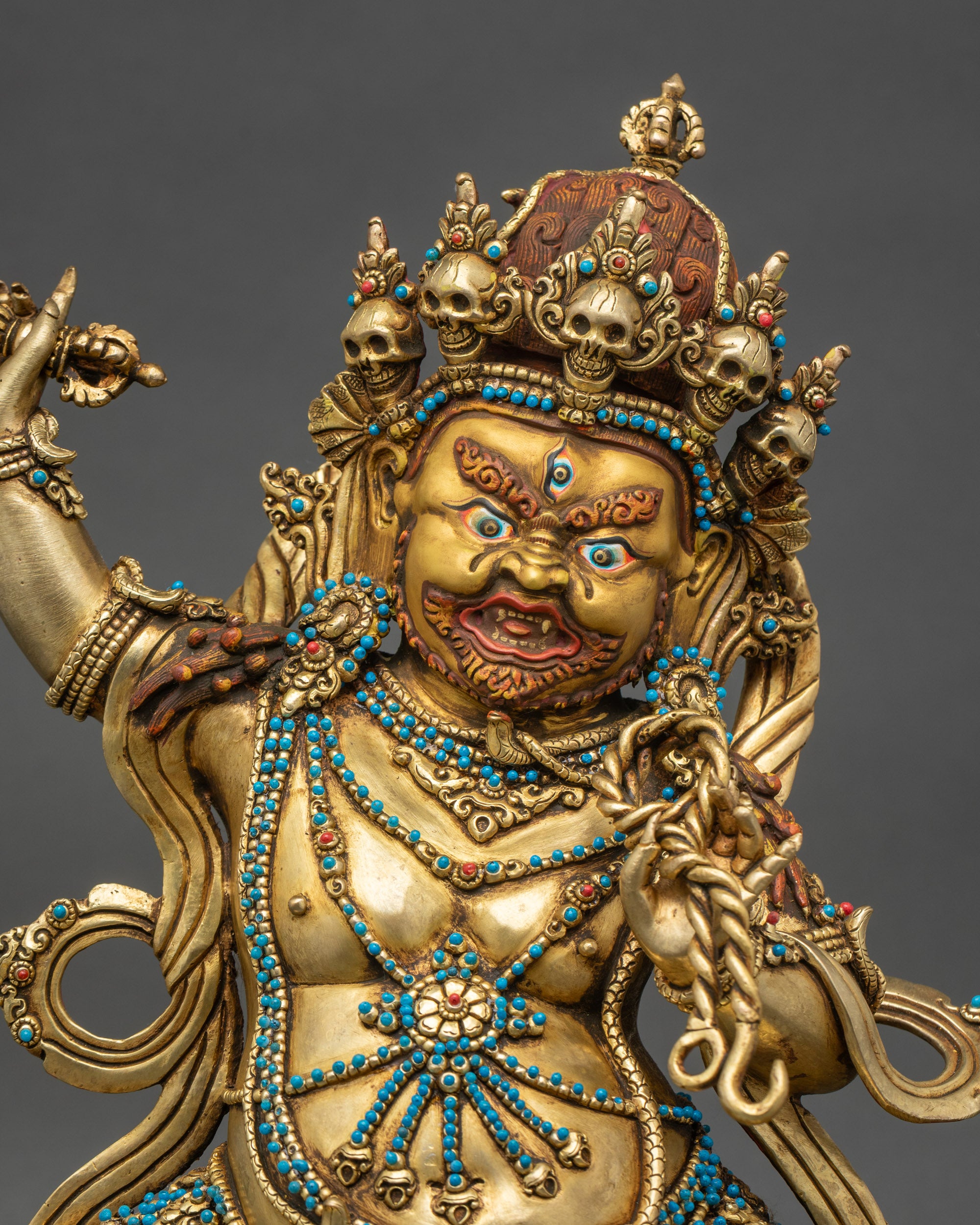 Regular close-up of Vajrapani Buddhist protector statue, intricate Nepalese artistry