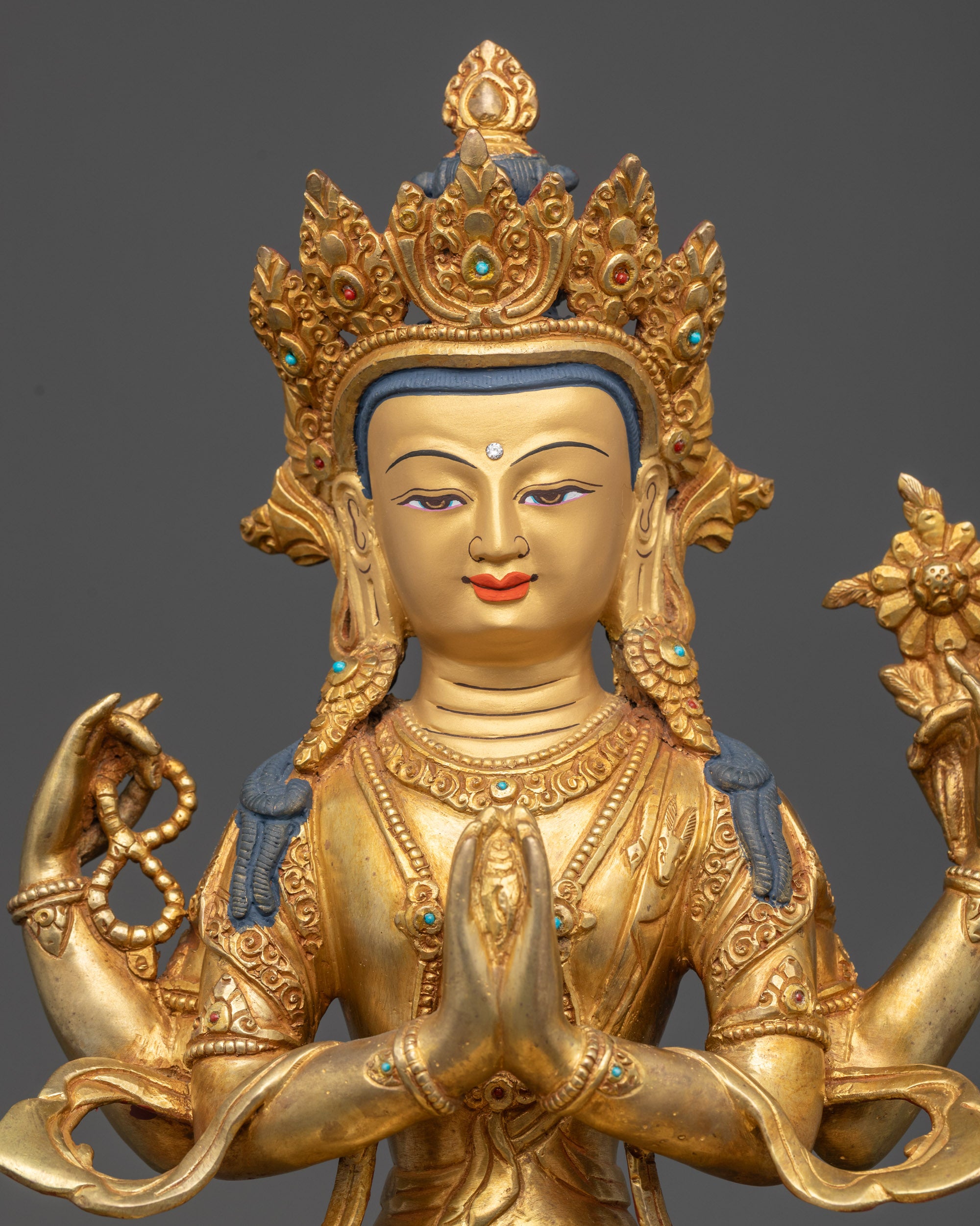 Regular close up Chenrezig sculpture showing lost-wax details and Himalayan artistry