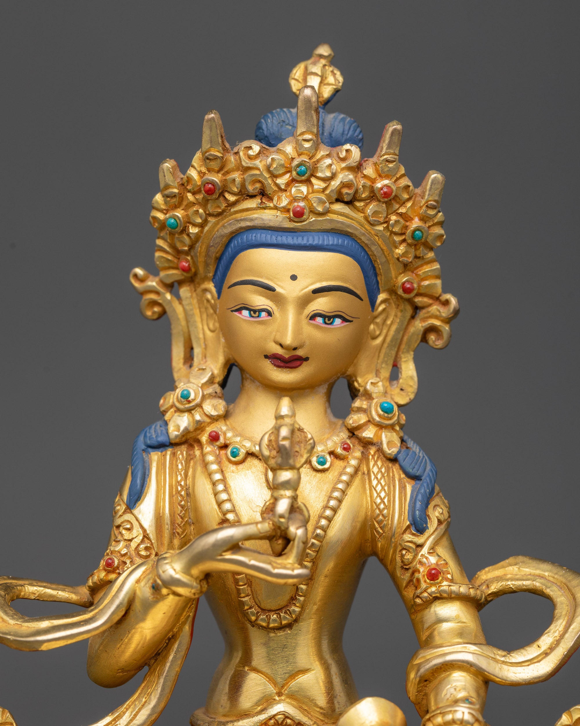 Regular close up Dorje Sempa sculpture showing vajra, bell, and semi-precious robe