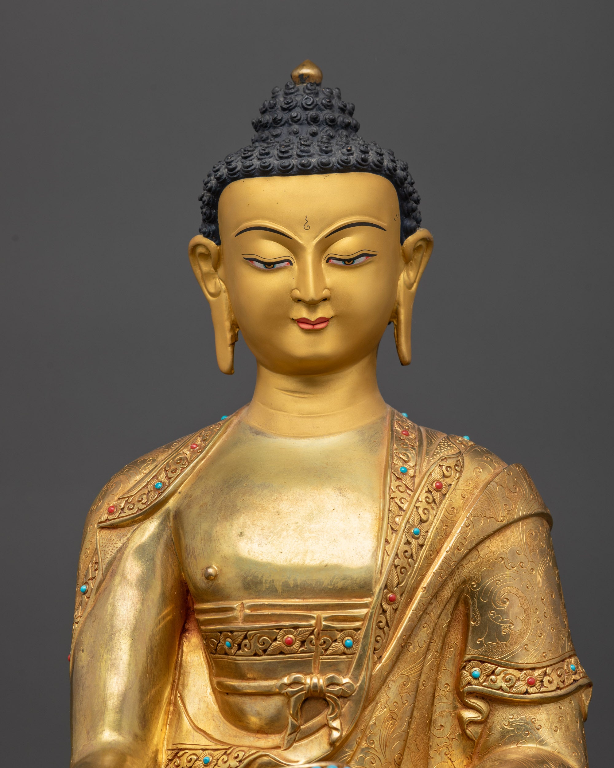 Regular close up Shakyamuni Buddha statue intricate robe patterns copper alloy