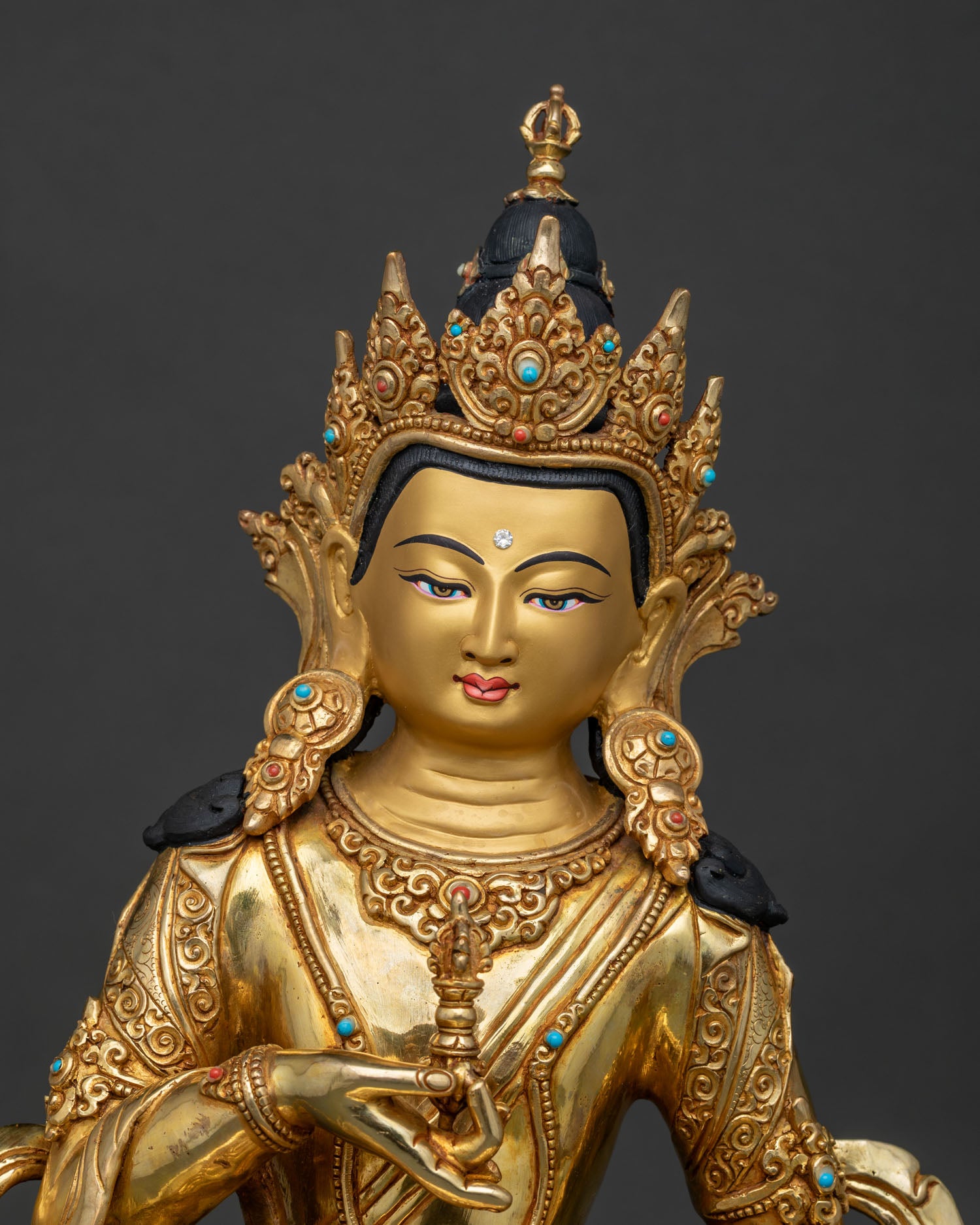 Regular close up Vajrasattva statue with lotus seat and sacred Buddhist details