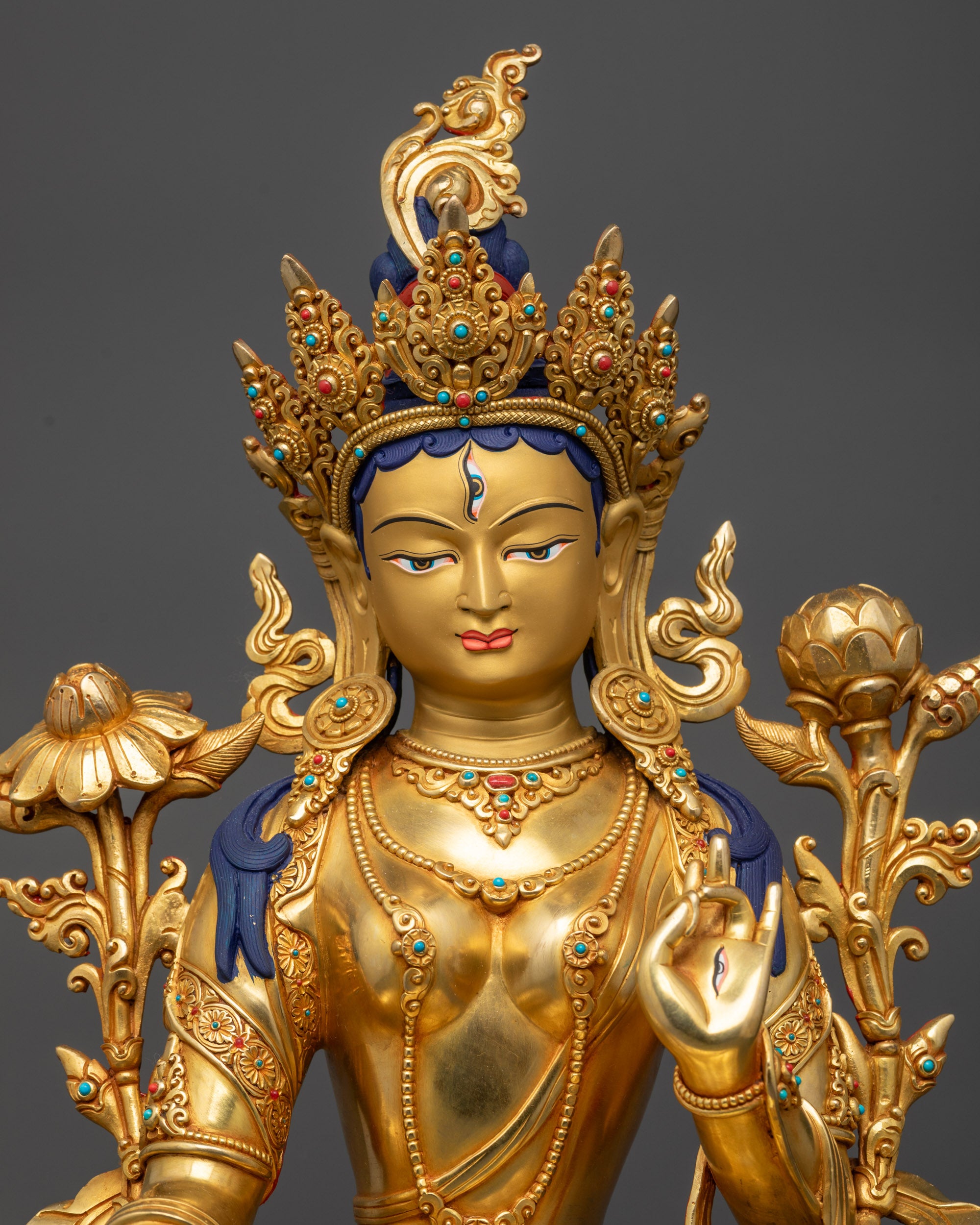 Regular close up White Tara Statue showing five-jeweled crown and flowing robe