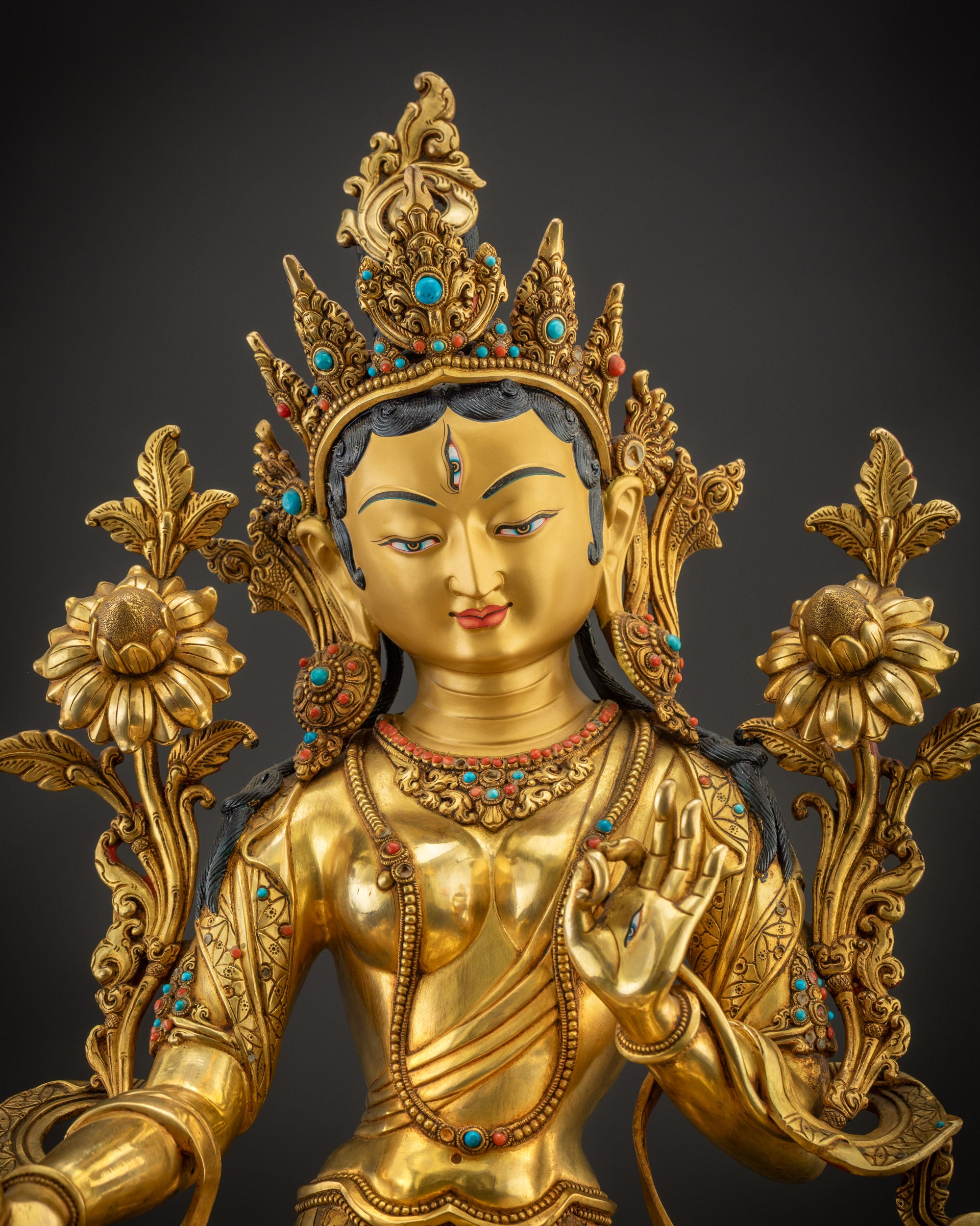 Regular close up White Tara seven-eyed goddess hand-carved crown and flowing robe