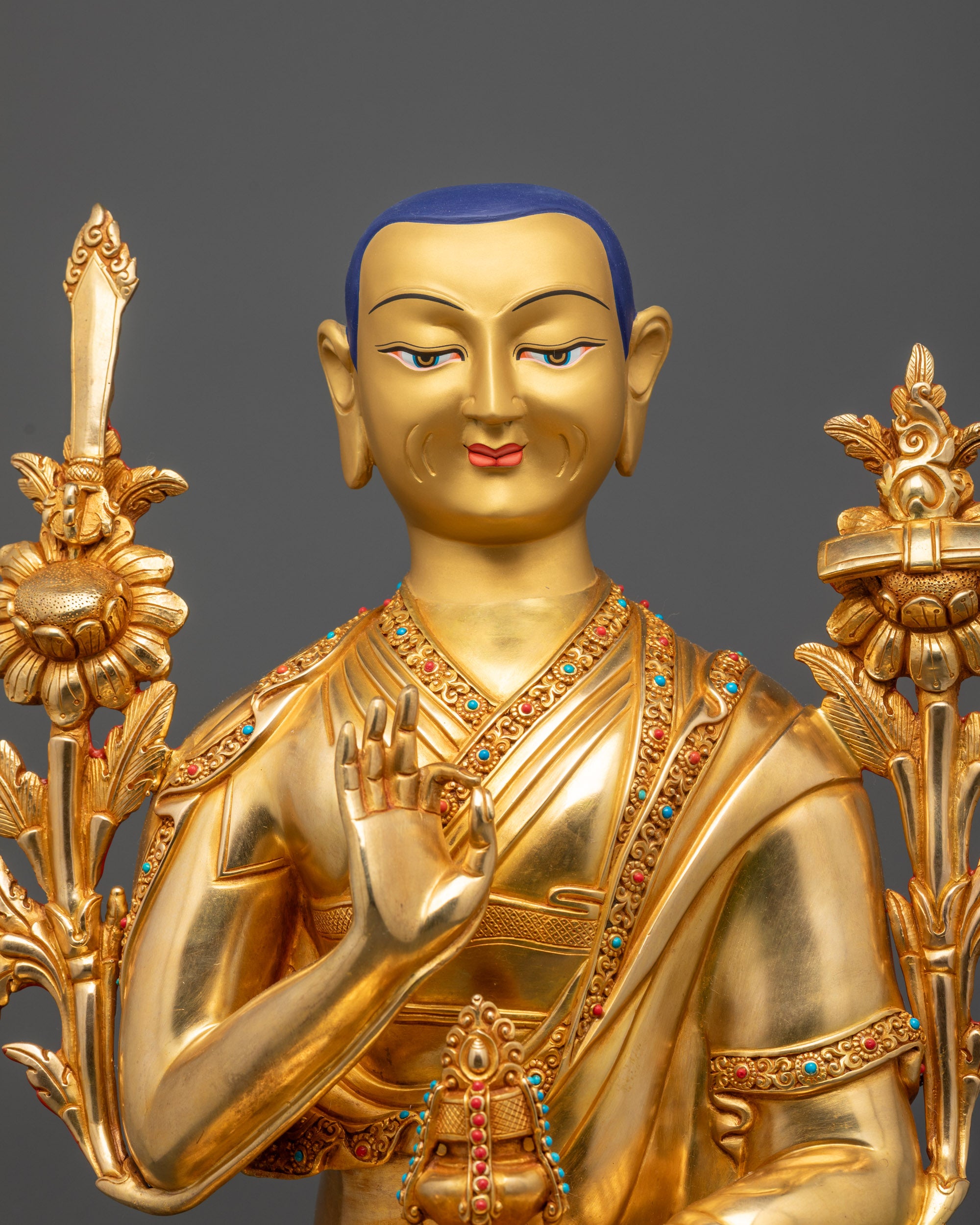 Regular close up of Je Tsongkhapa Statue holding utpala stem and sacred vase