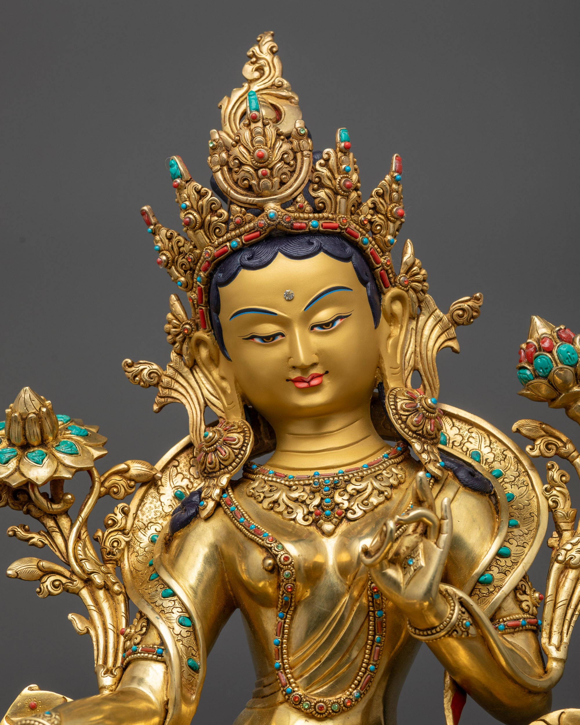 Regular close up of Premium Green Tara showing utpala stem and semi-precious stones