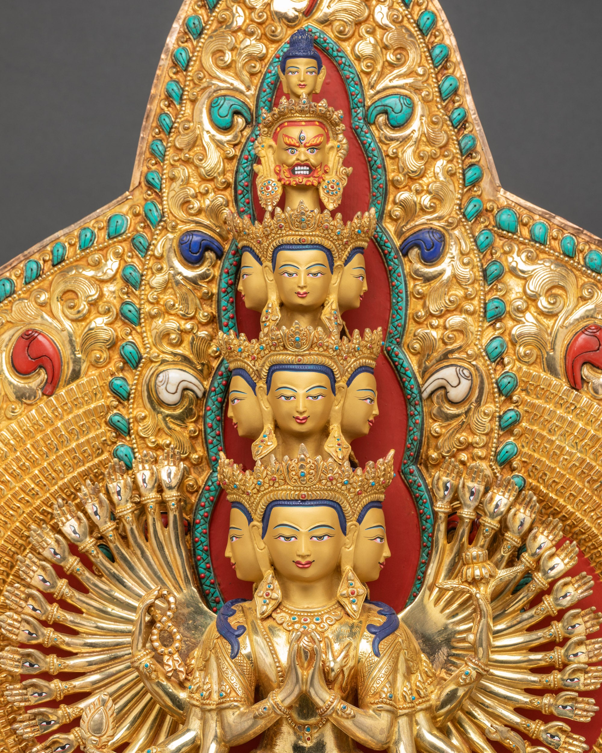 Regular close up of Sahasrabhuja Lokeshvara showing intricate arms and halo motifs