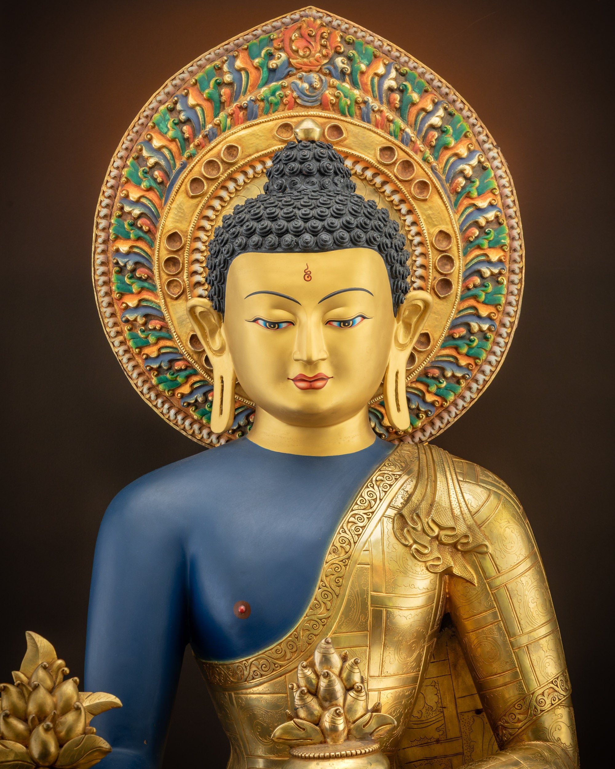 Regular close up with motif halo of 44" Medicine Buddha showing subtle circular halo design