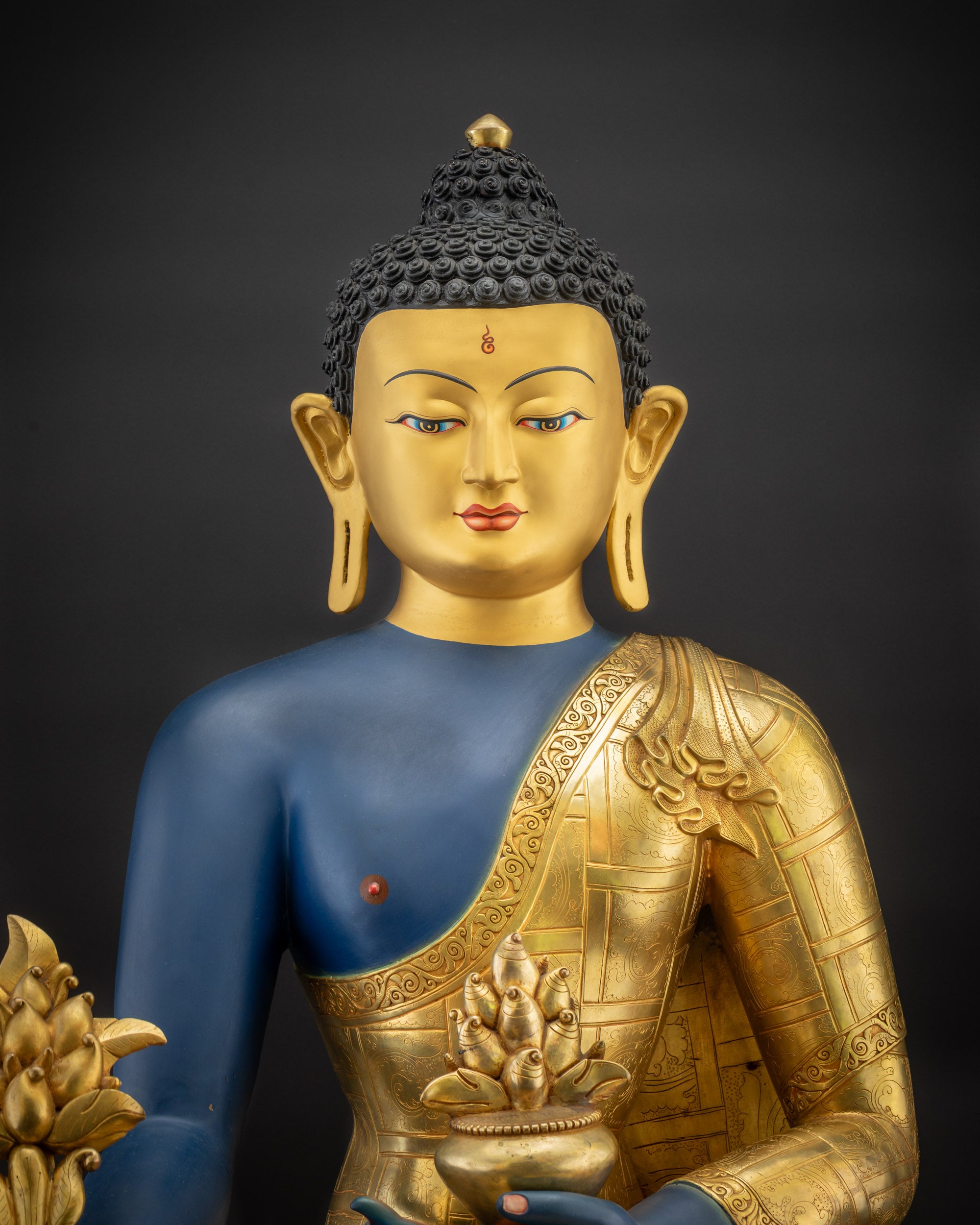 Regular close up without halo of 44" Medicine Buddha Statue showing serene facial expression