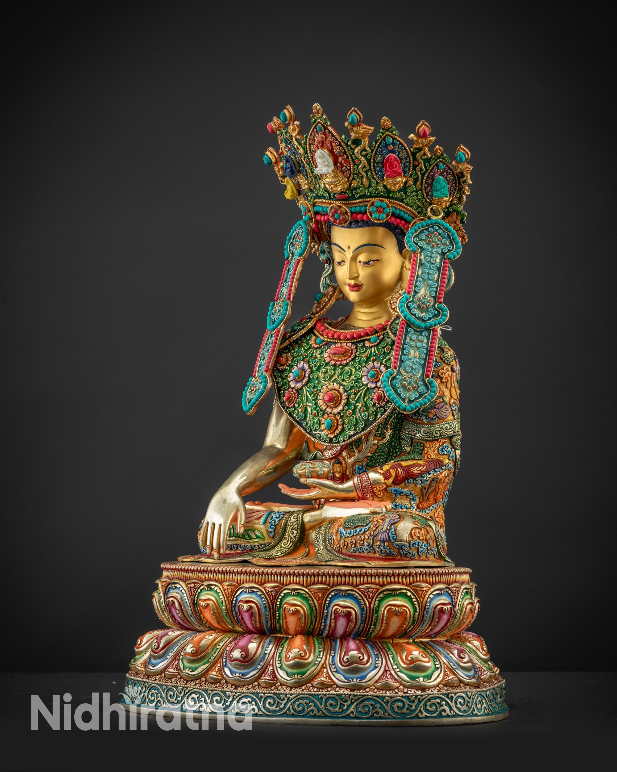 Regular left side Jowo Rinpoche Shakyamuni statue displaying detailed lotus base design