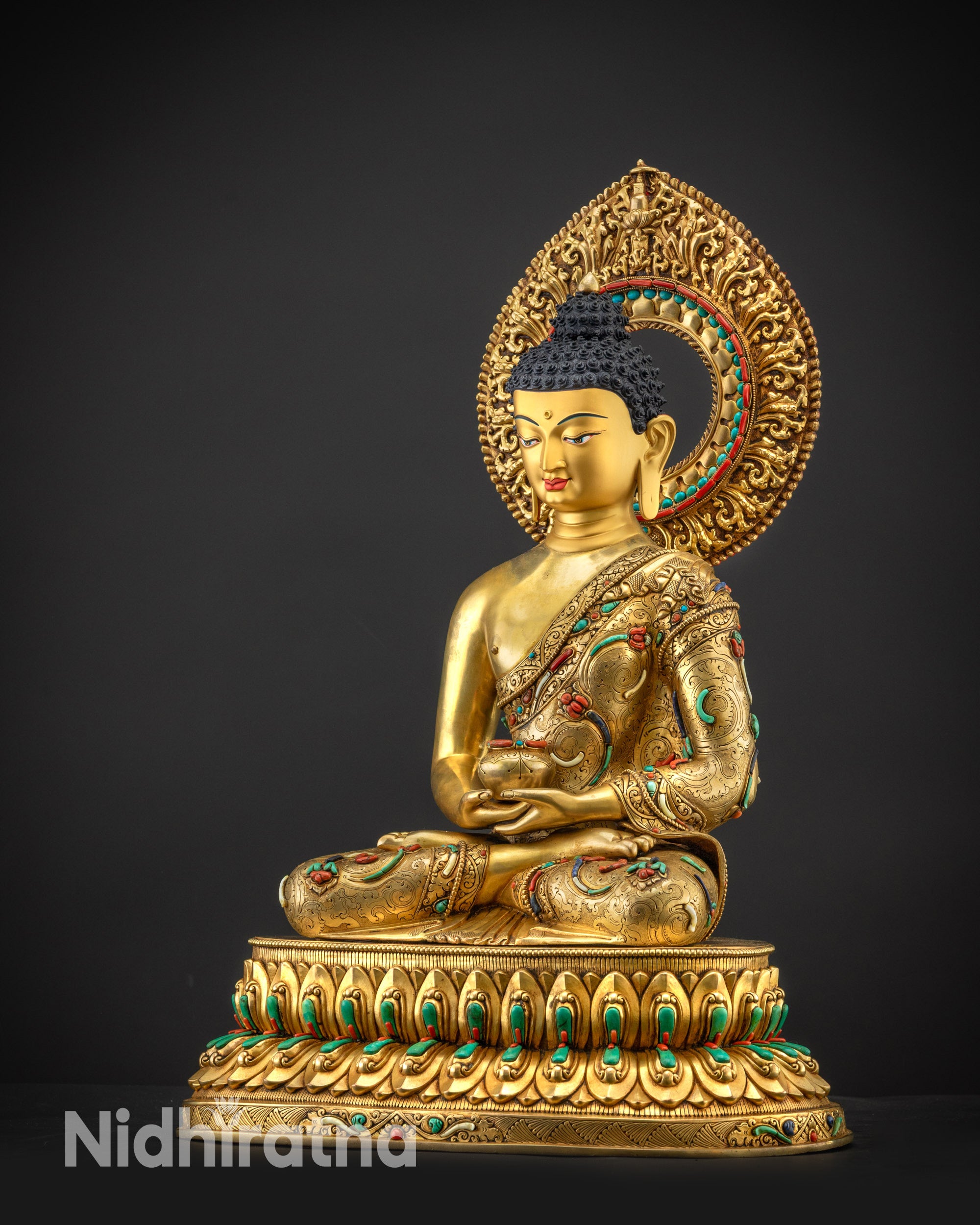 Regular left side view Amitabha Buddha Statue, 24K fire-gilded body and halo