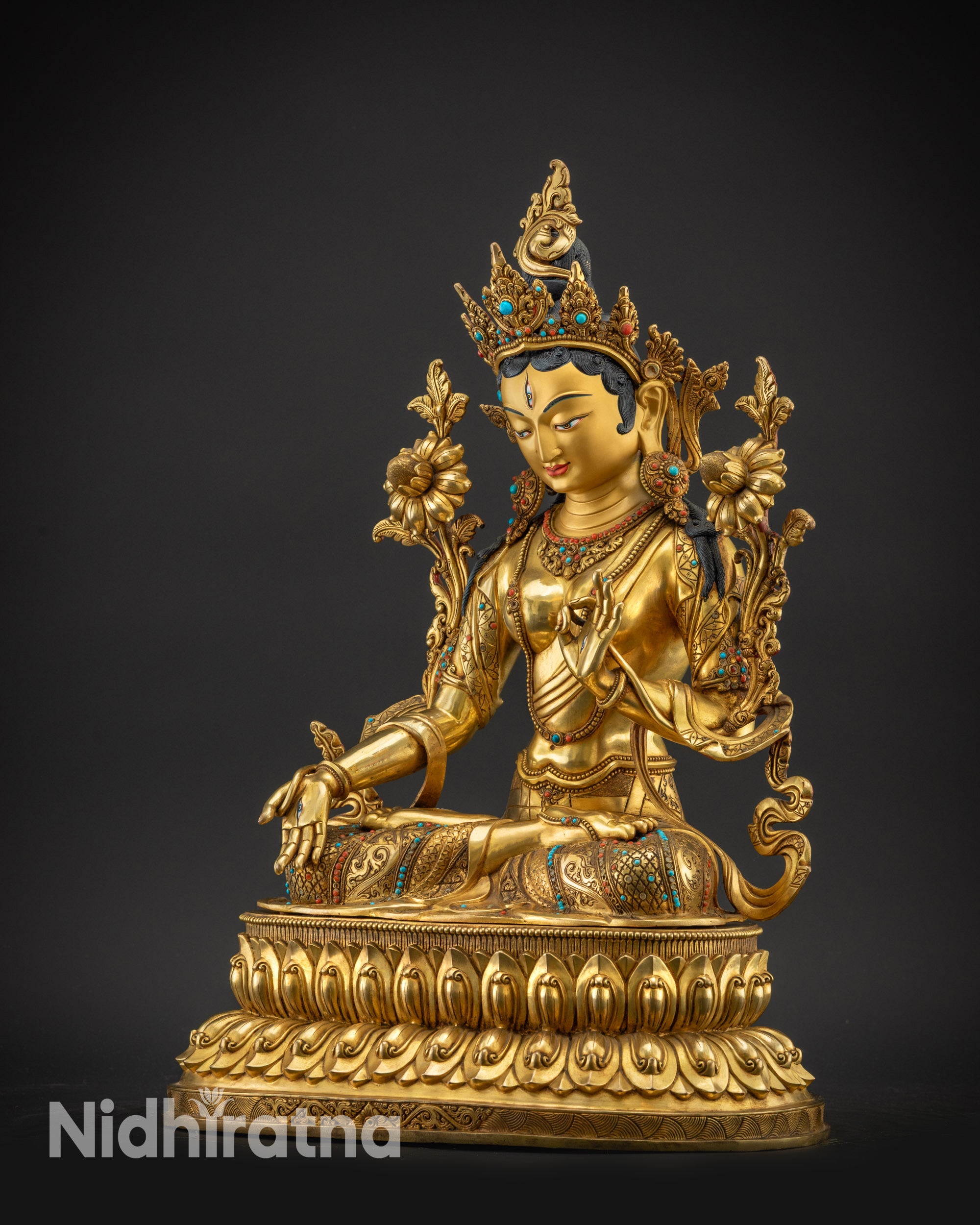 Regular left side view White Tara statue varada vitarka mudra spiritual blessing art