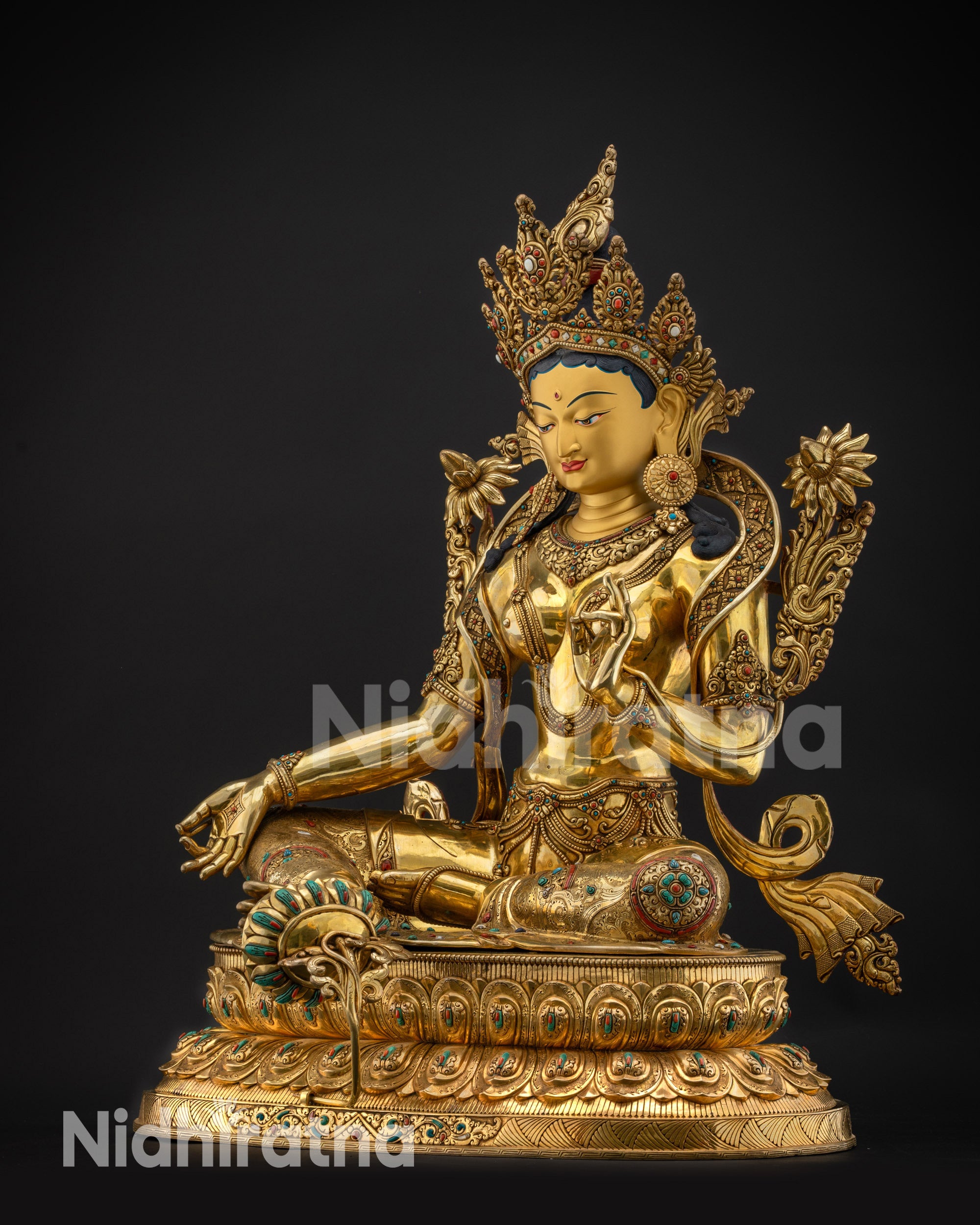 Regular side left Green Tara Statue left side Tibetan Buddhist deity with detailed attire