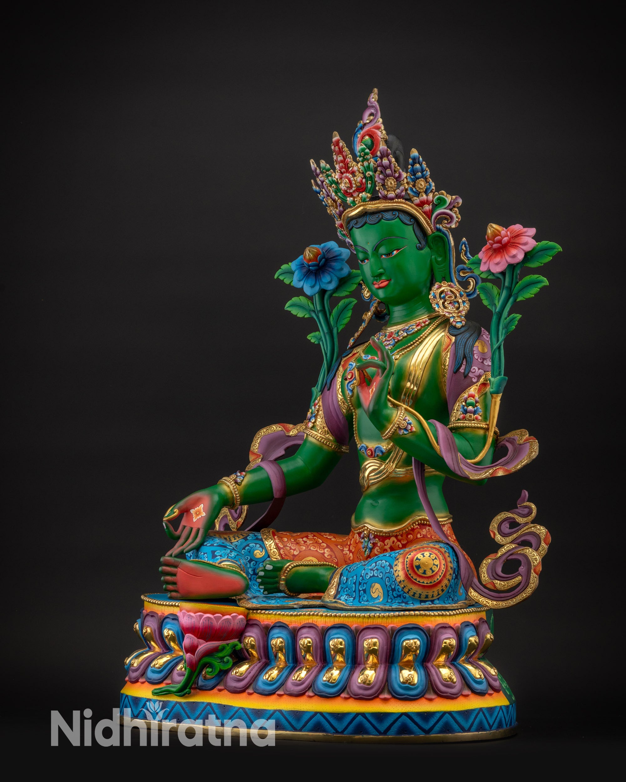 Regular side left Green Tara statue side view left with serene posture