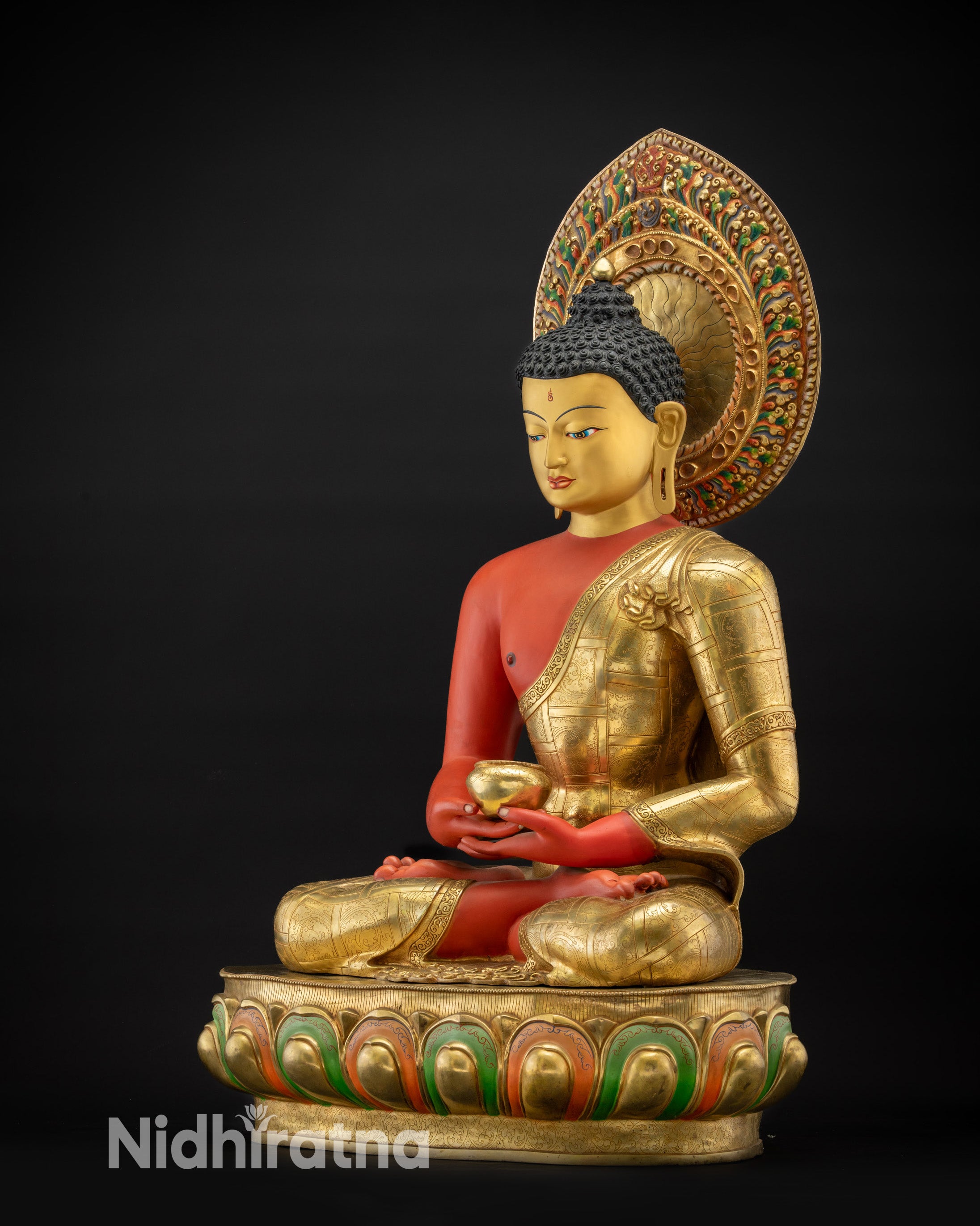 Regular side left view Amitabha Buddha displaying monk's robe and serene posture