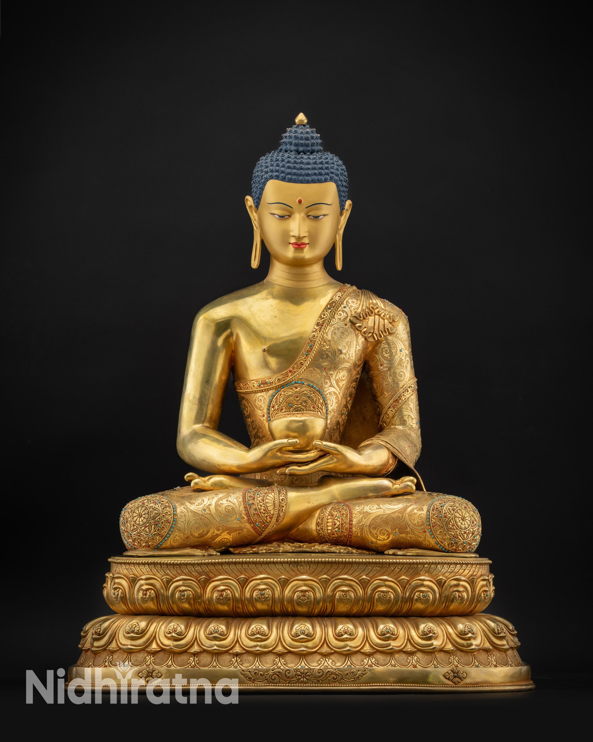 Front view Amitabha Buddha gold-gilded spiritual statue home altar