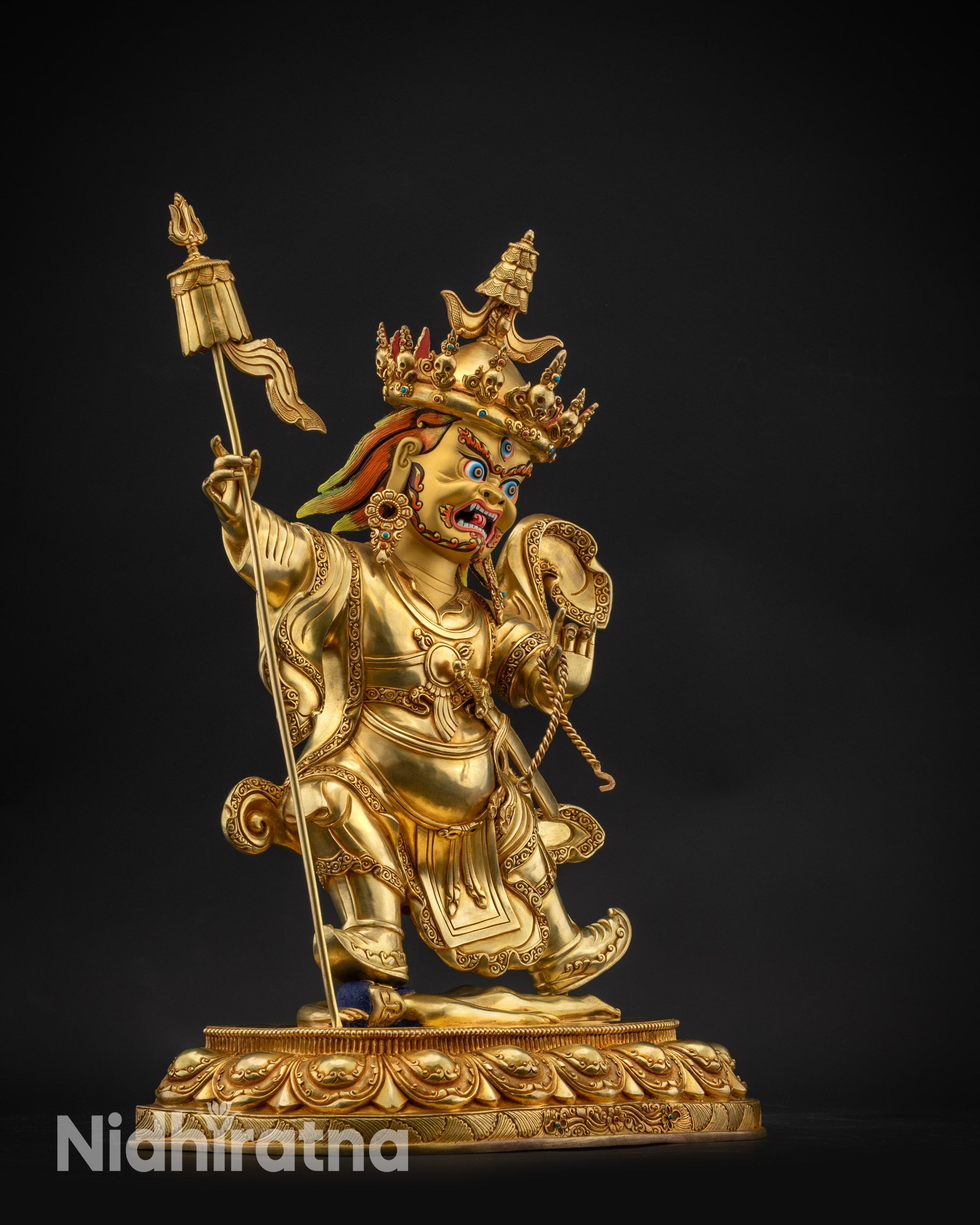 Regular side right view of Nechung Chuyong Statue crushing obstacles on lotus seat