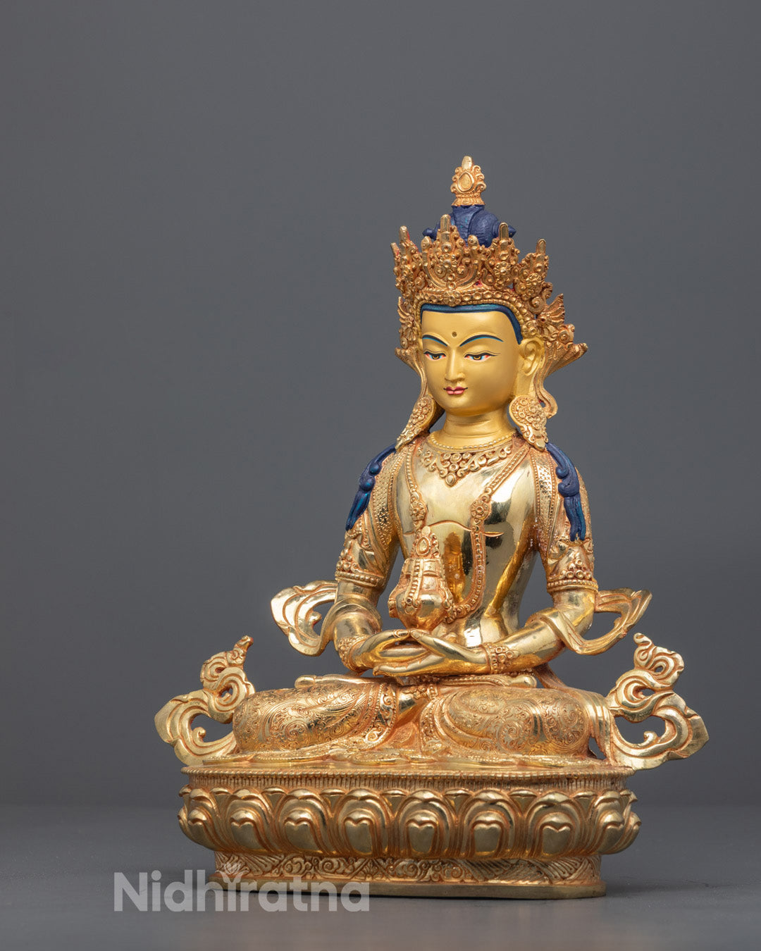 Religious Amitayus Buddha statue for altar or meditation space with traditional lost wax craftsmanship and sacred symbolism