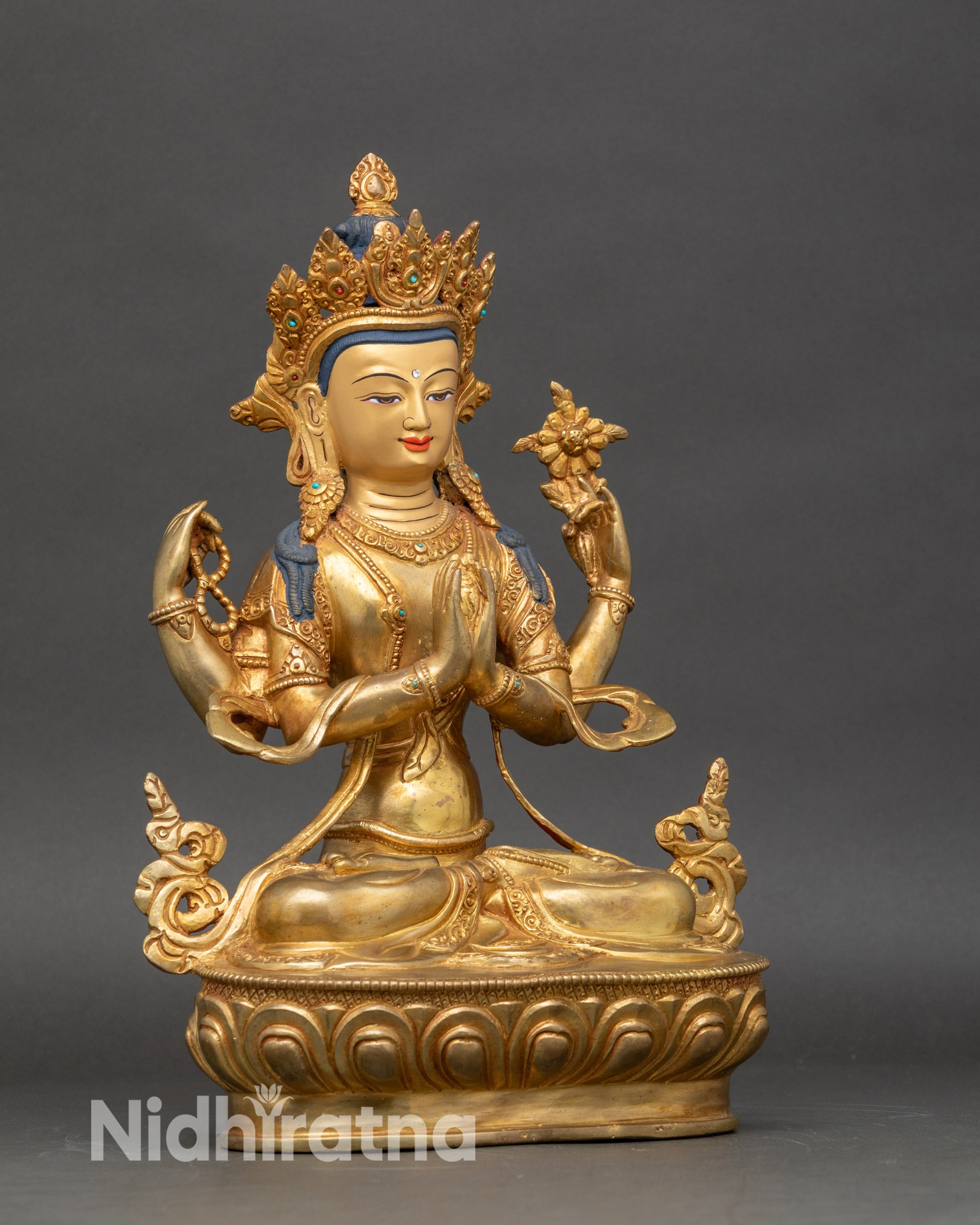 Right profile Chenrezig statue four-arm Avalokiteshvara handcrafted Himalayan Buddhist art