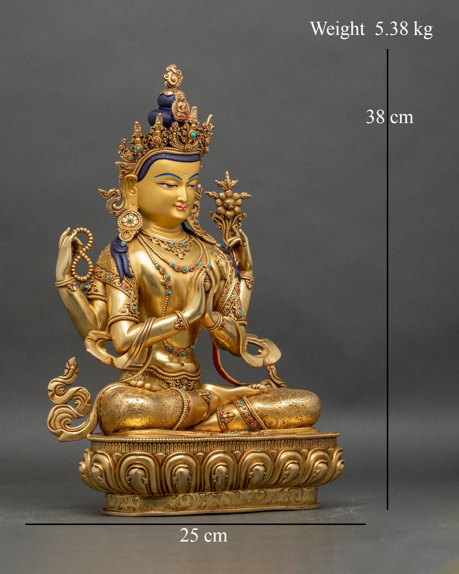 Right profile of Chenrezig statue, copper and gold fire-gilded Bodhisattva on lotus seat