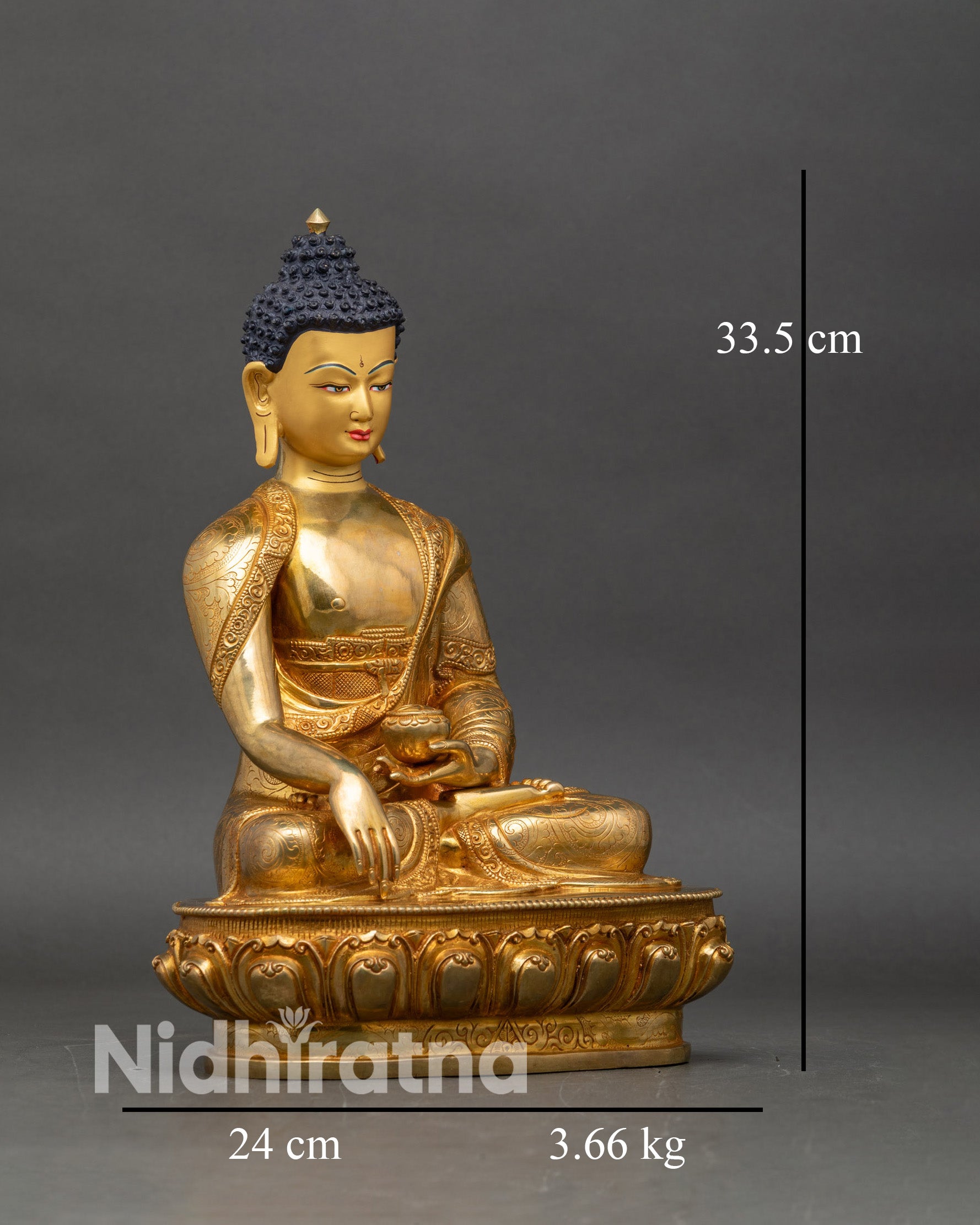 Right side view of Shakyamuni Gautam Buddha Statue with begging bowl and gold-painted face