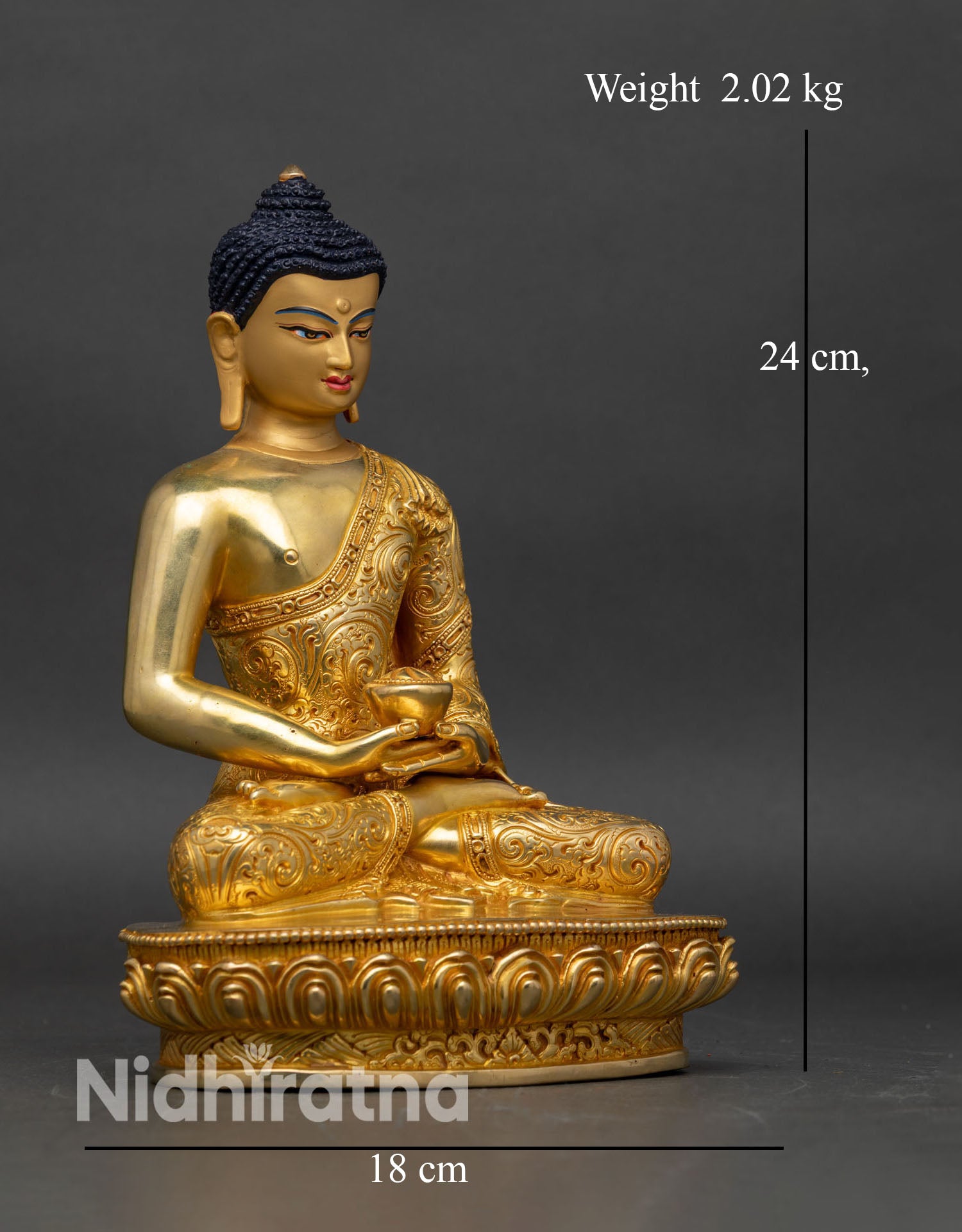 Right side view of Amitabha Buddha statue, gold-gilded, meditation posture