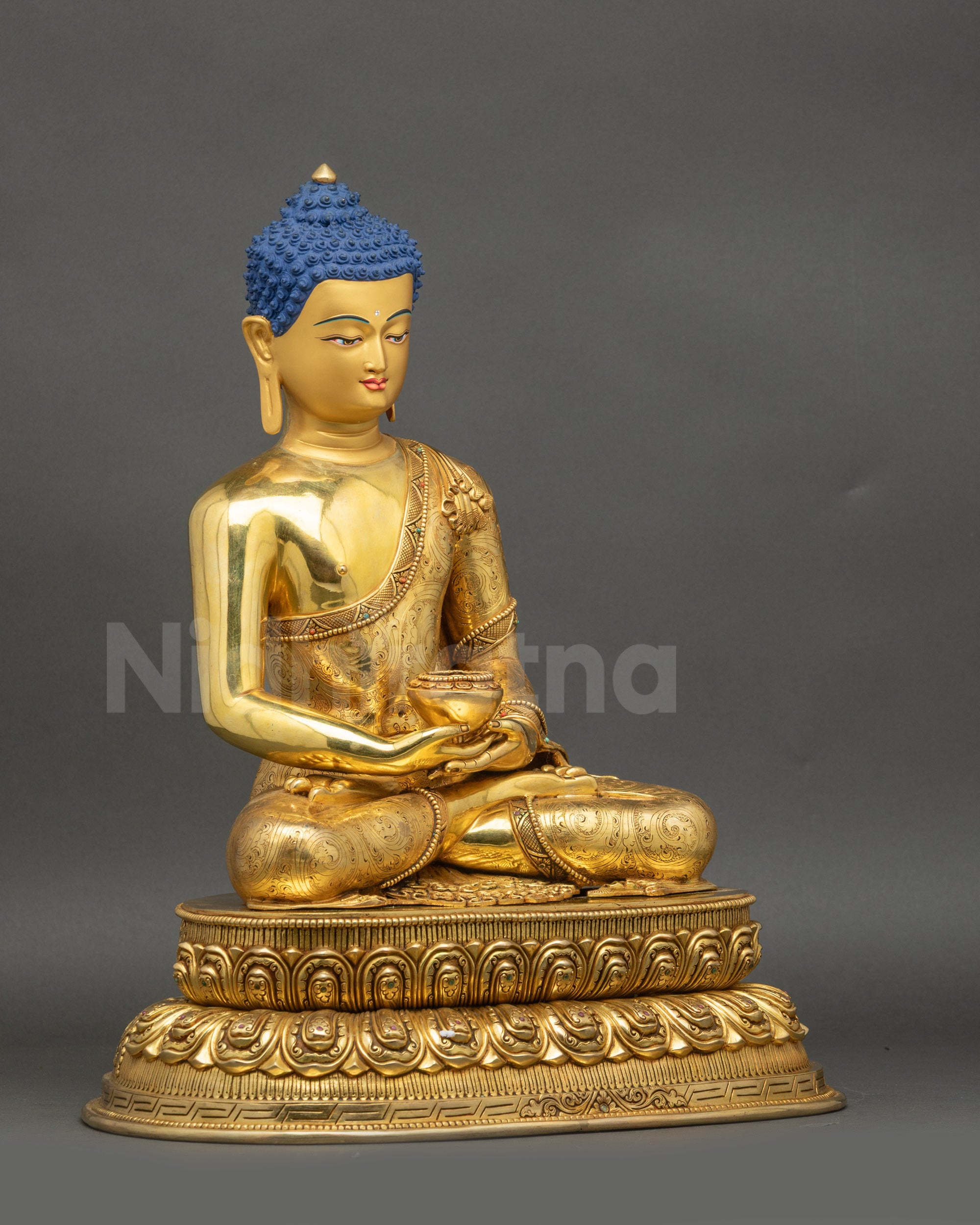 Right-side view of Himalayan Amitabha Buddha seated in Lotus Pose on a double-layered lotus
