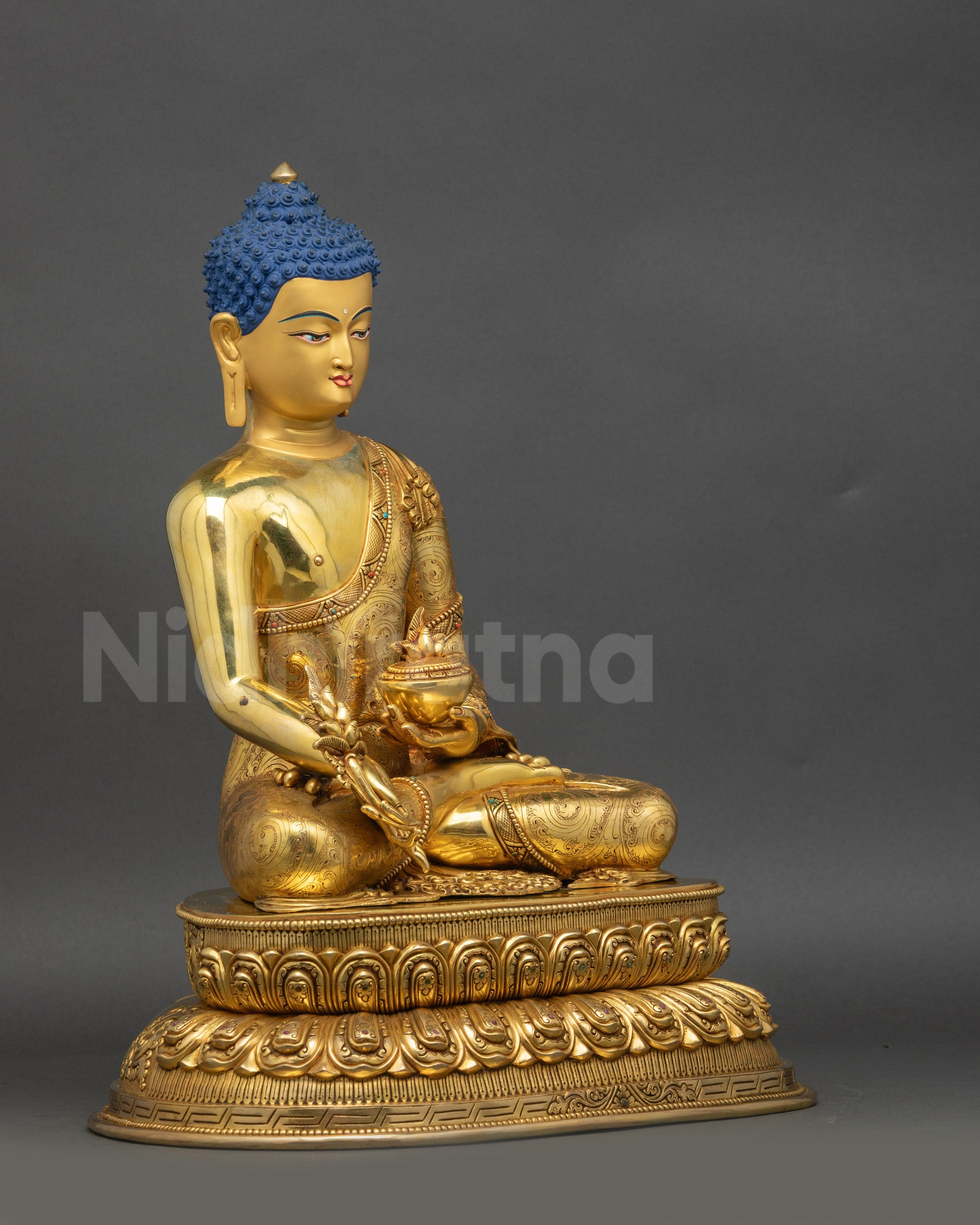 Right-side view of Himalayan Medicine Buddha seated in Lotus Pose with double-layered lotus