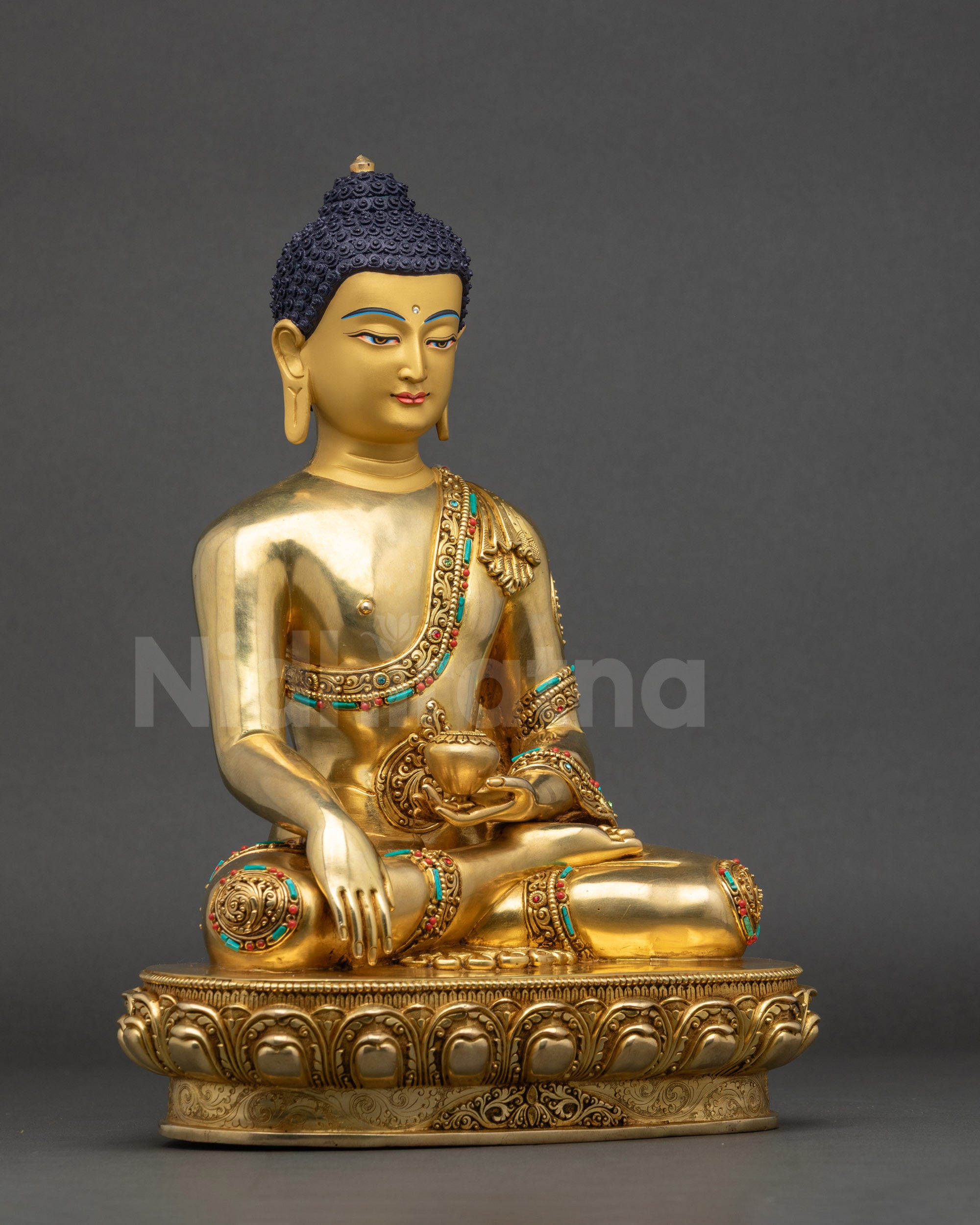Right view of Shakyamuni Buddha altar statue with lotus pedestal and begging bowl