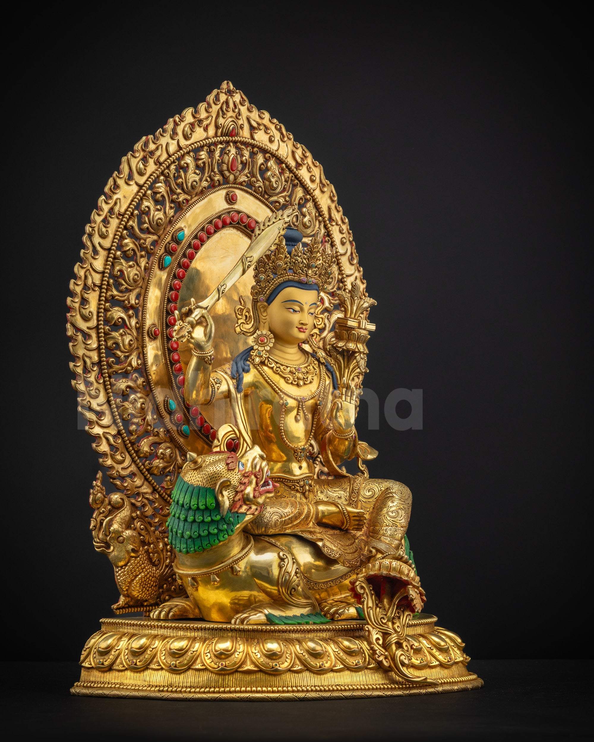 Right-side view of Simhada Manjushri statue seated on roaring lion with ornate halo backdrop
