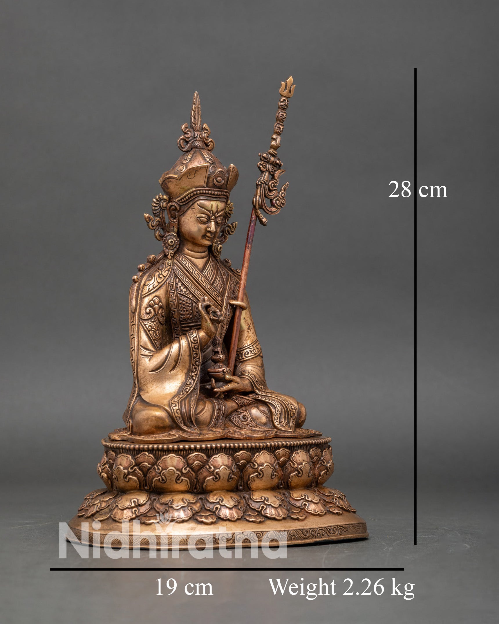 Right side view of Guru Tsokye Dorje statue seated on double-layered lotus pedestal