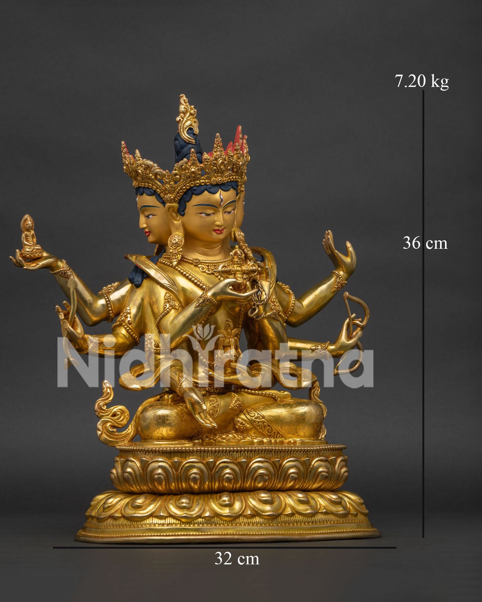 Right side profile view of handcrafted copper Namgyalma Buddhist sculpture
