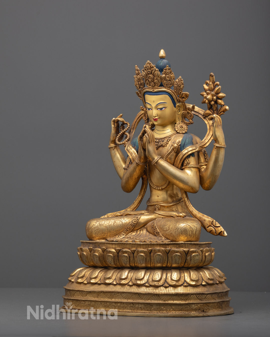 Right angle of Chenrezig highlighting wish-fulfilling gem and five-jeweled crown