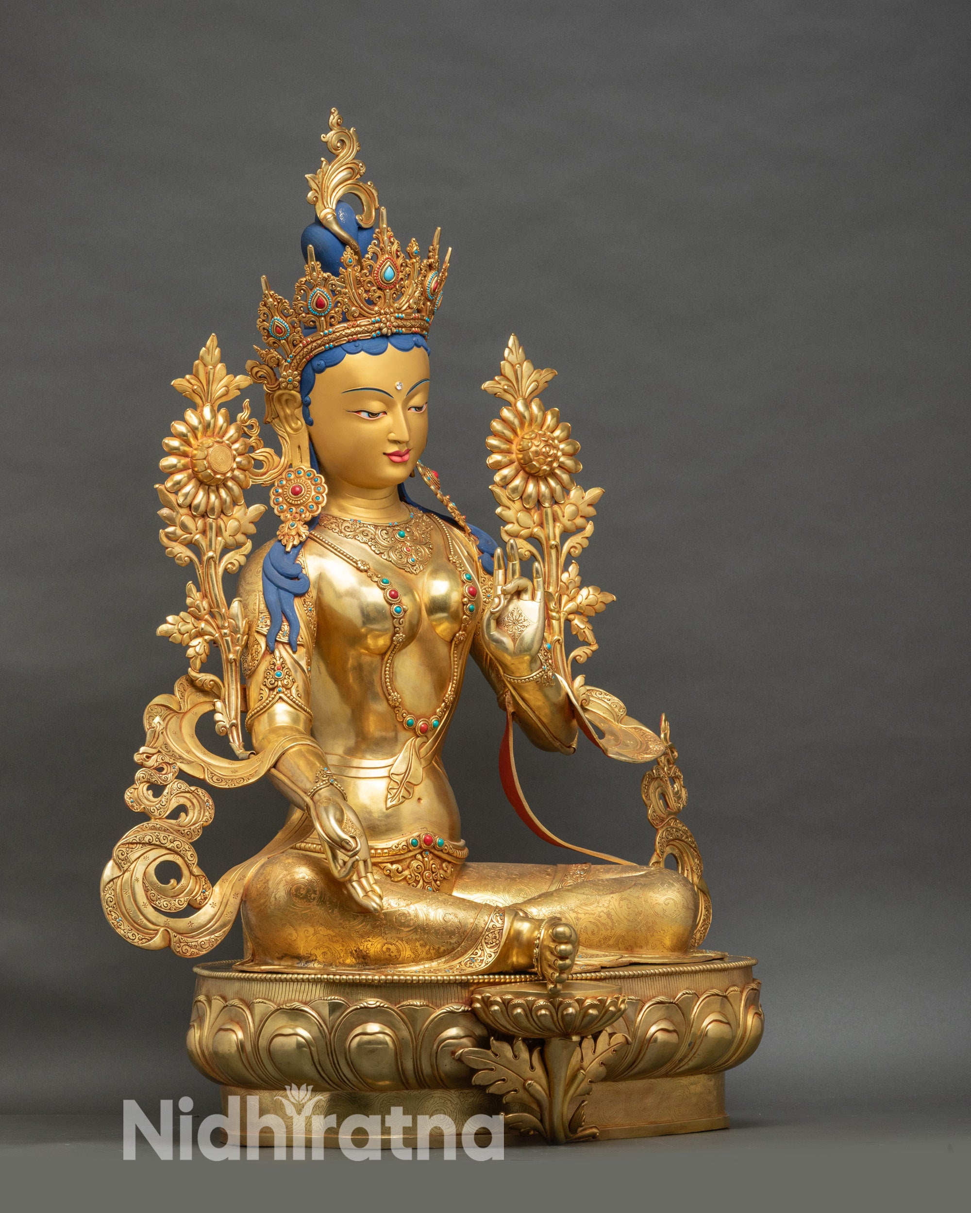 Right profile of Green Tara statue, meditation posture, Nepalese copper art