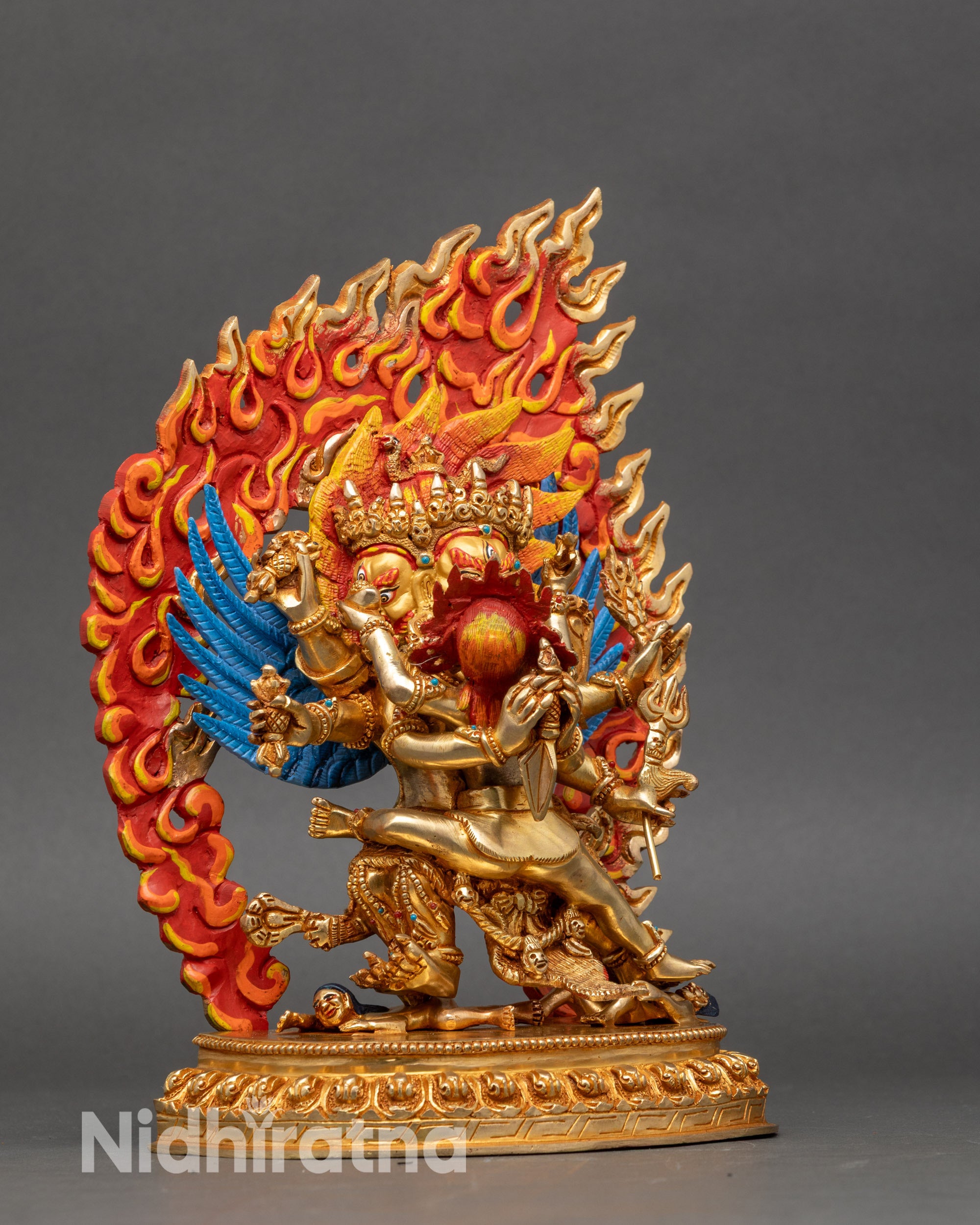 Right profile of Hayagriva statue with sacred implements and lotus seat