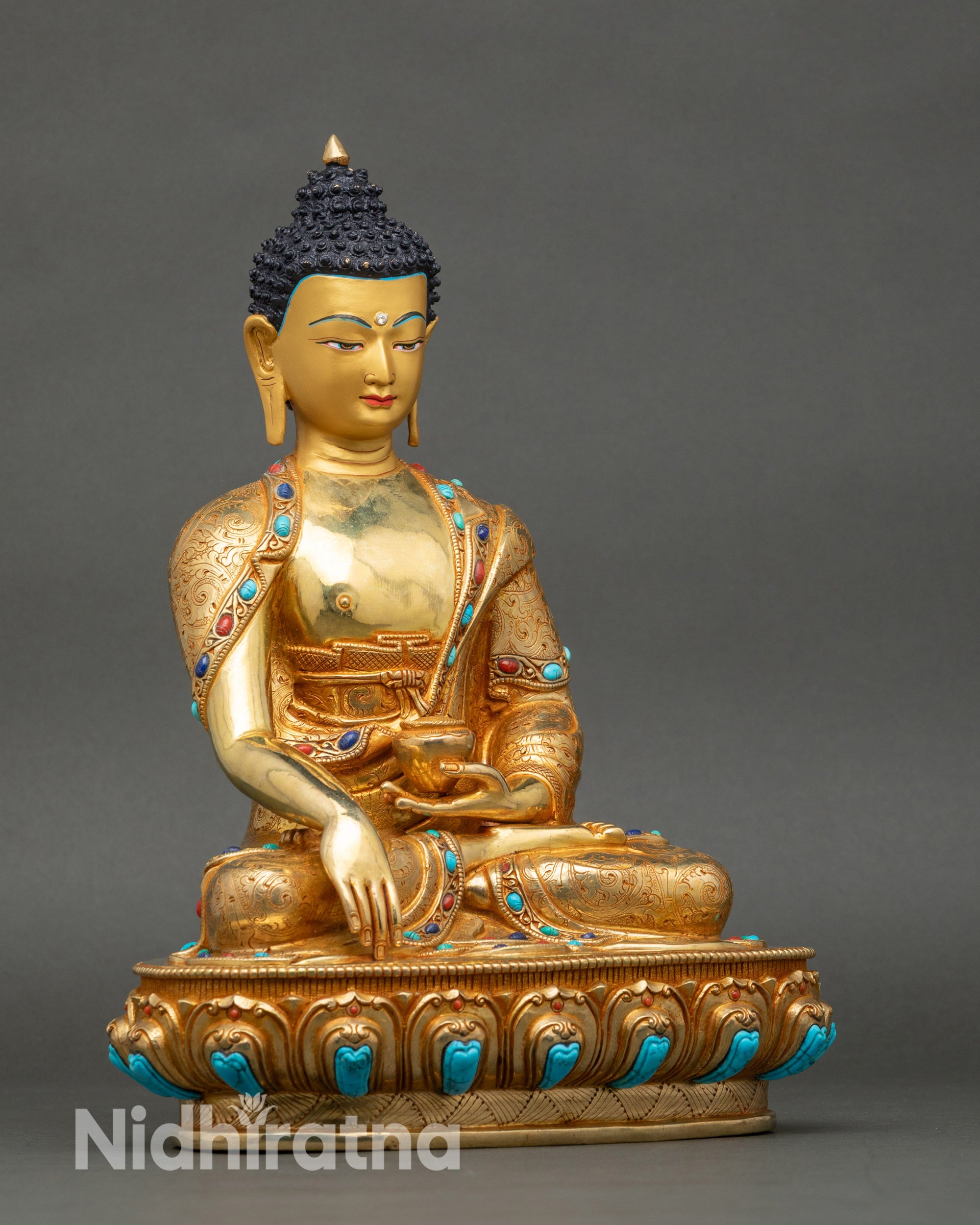 Right profile of Meditating Buddha statue, copper and fire-gilded craftsmanship