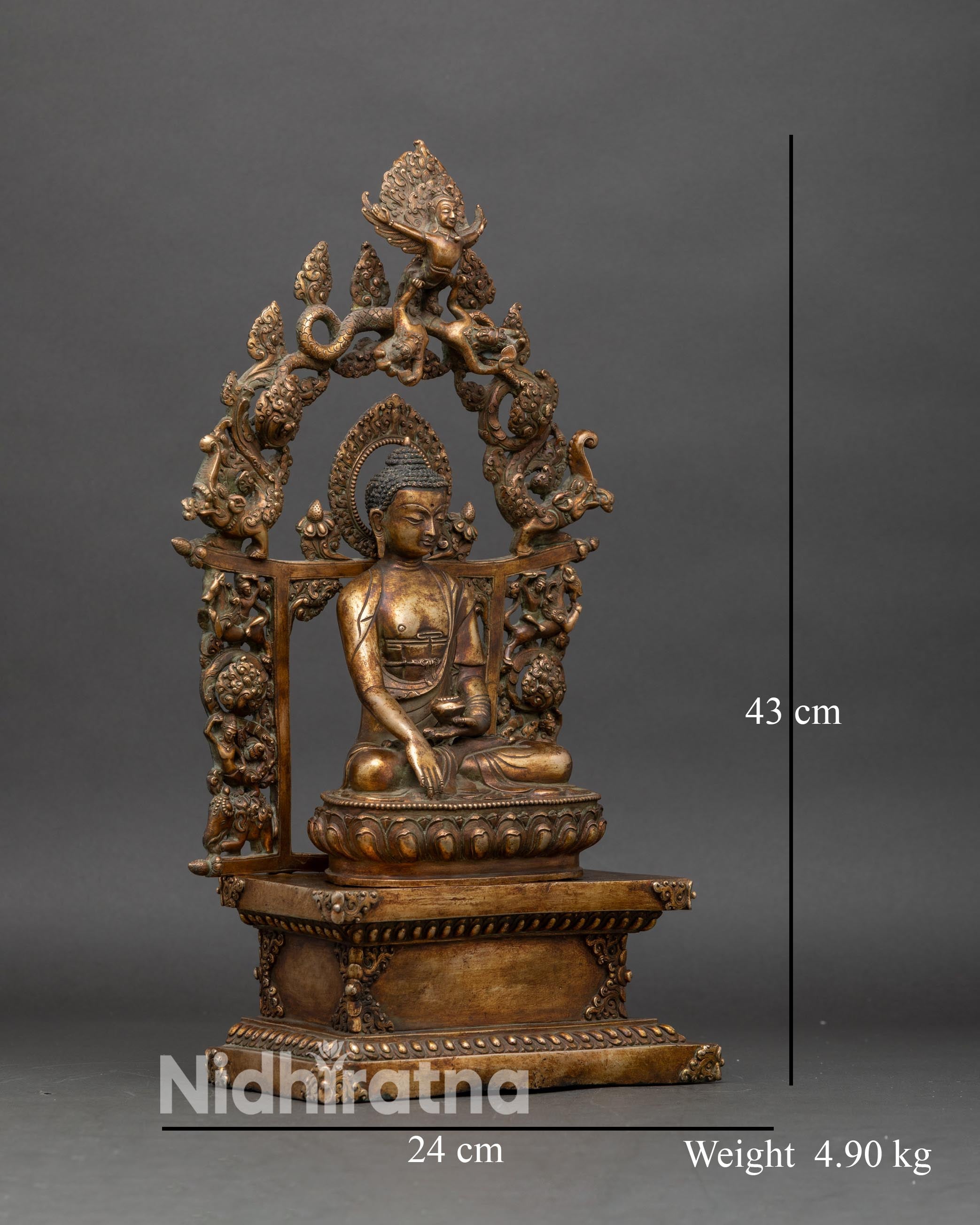 Right profile of Shakyamuni Buddha statue, antique finish copper and gold fire gilding
