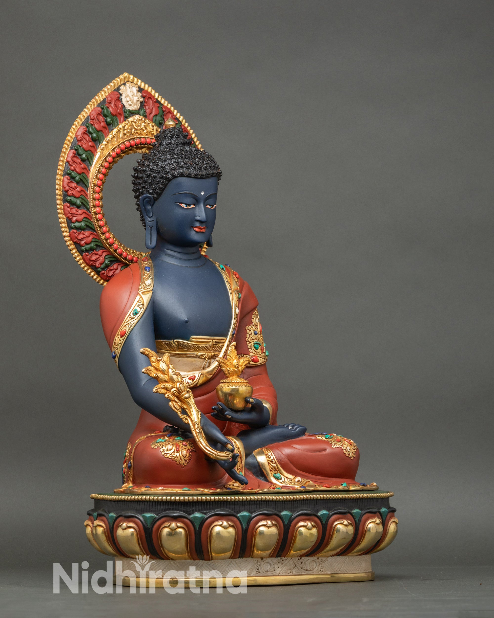 Right profile of Tibetan Medicine Buddha sculpture, handcrafted Nepalese copper artwork
