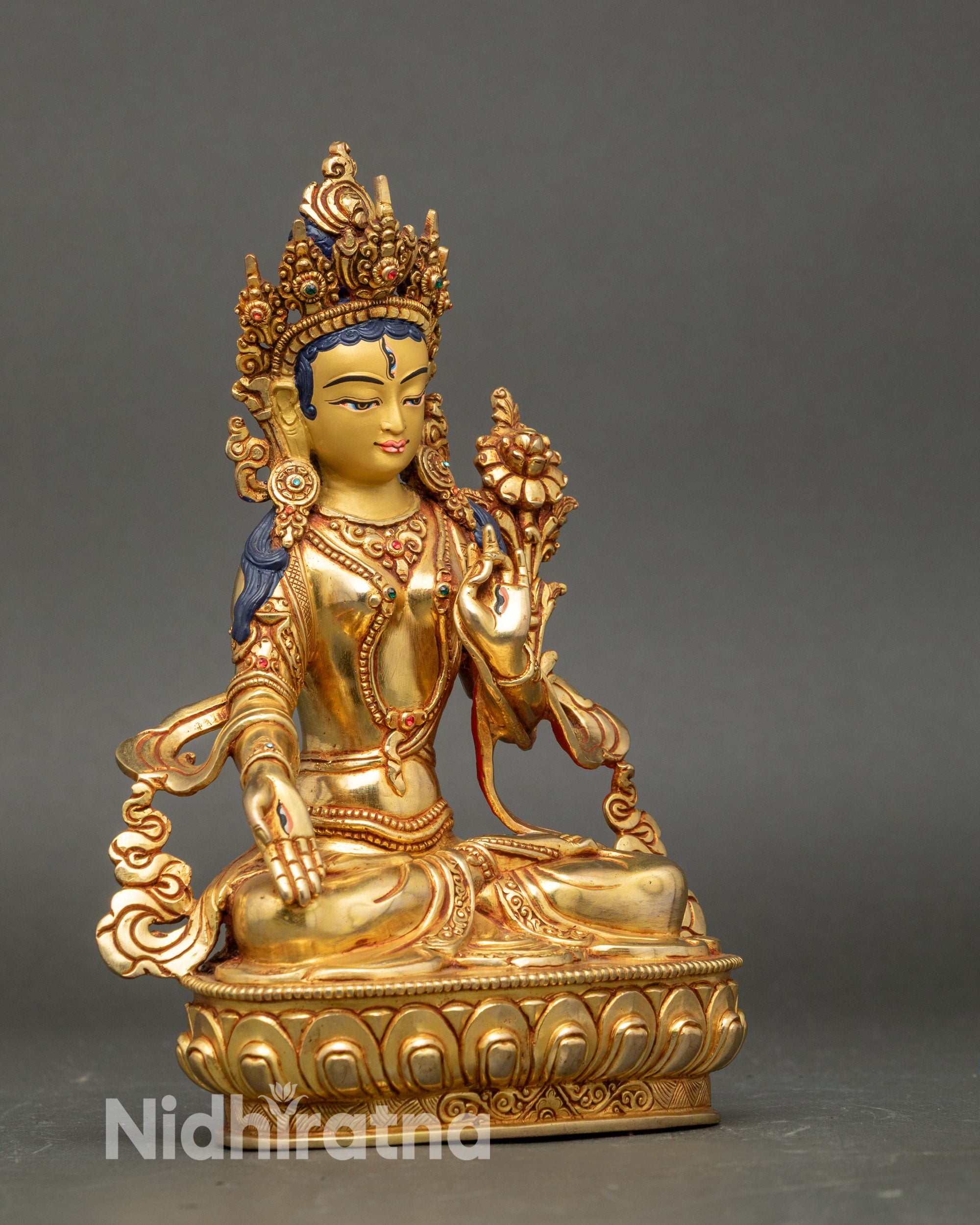 Right profile of White Tara statue, handcrafted Nepalese Buddhist copper sculpture