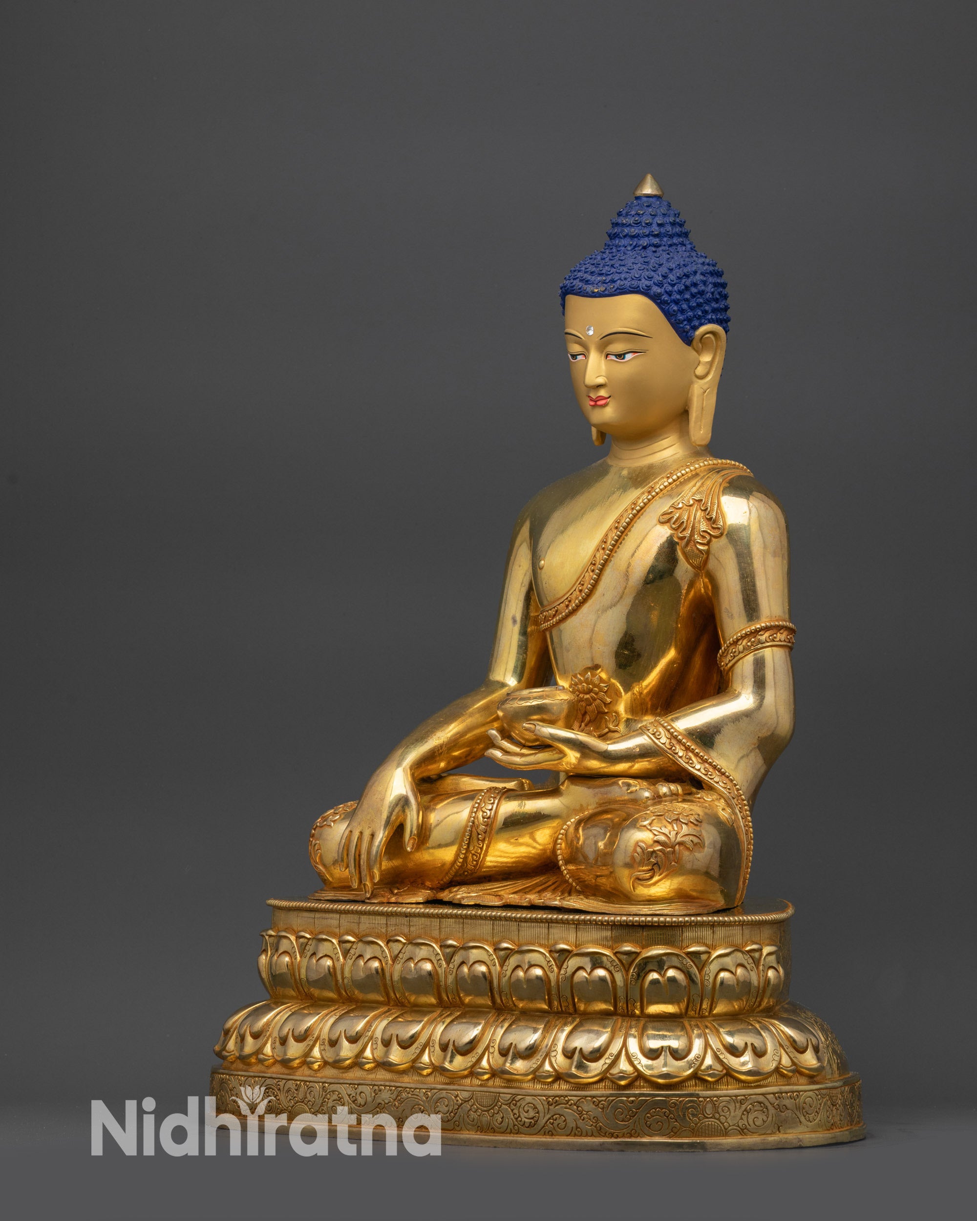 Right side Shakyamuni Buddha Statue on lotus seat with deer and dharma wheel at back