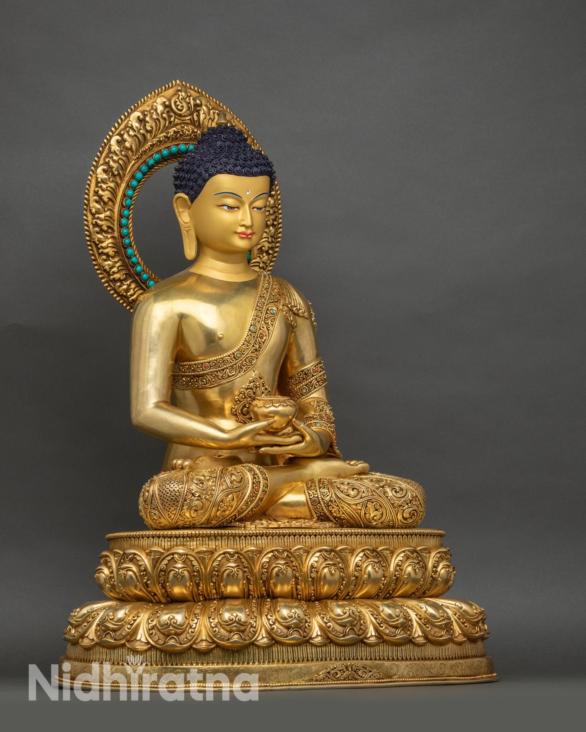 Right side view Amitabha Buddha statue holding monk bowl on lotus seat