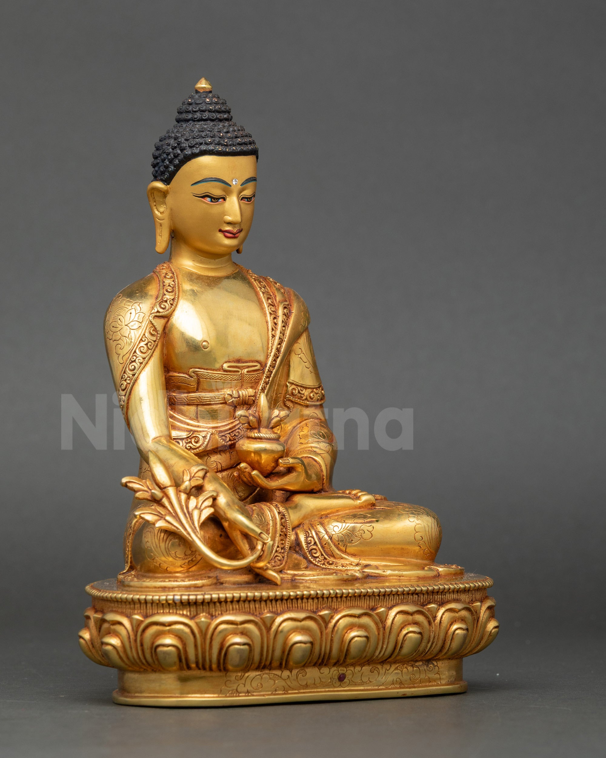 Right side view Medicine Buddha statue copper for healing meditation home altar décor