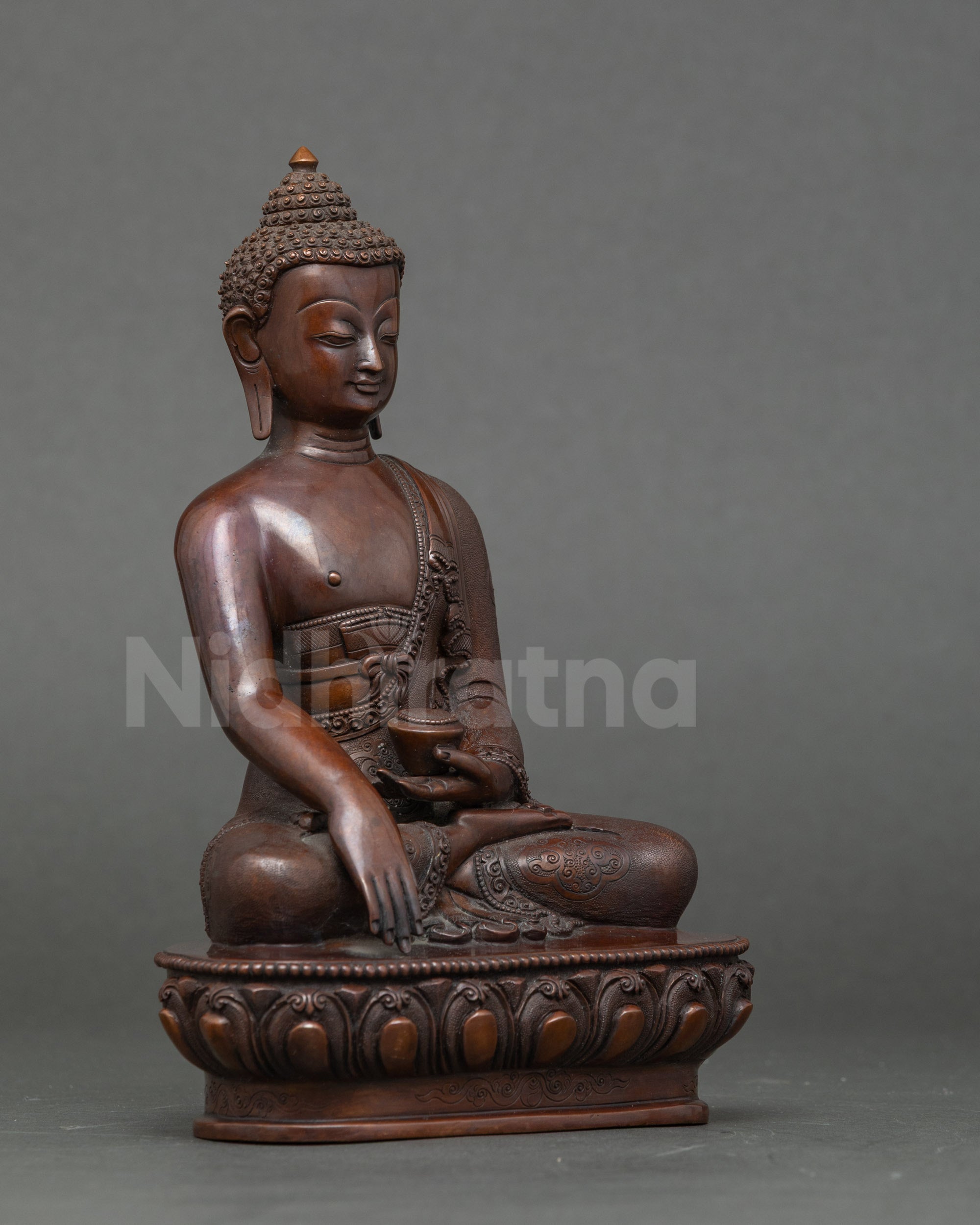 Right side view Shakyamuni Buddha sculpture, seated on lotus throne, Bhumisparsha mudra