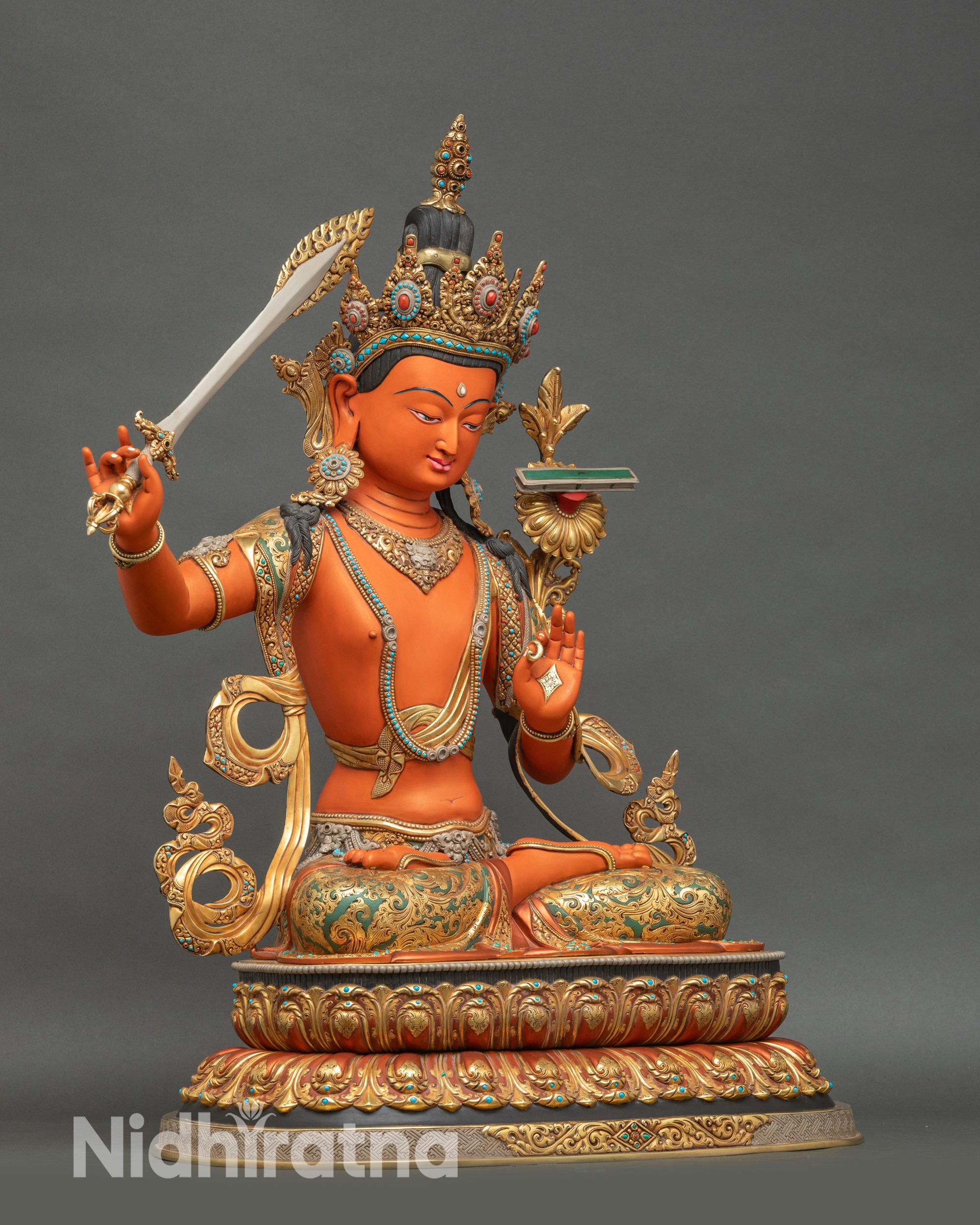 Right side view of 27-inch Manjushri Statue – Handpainted Copper Alloy Buddhist Sculpture