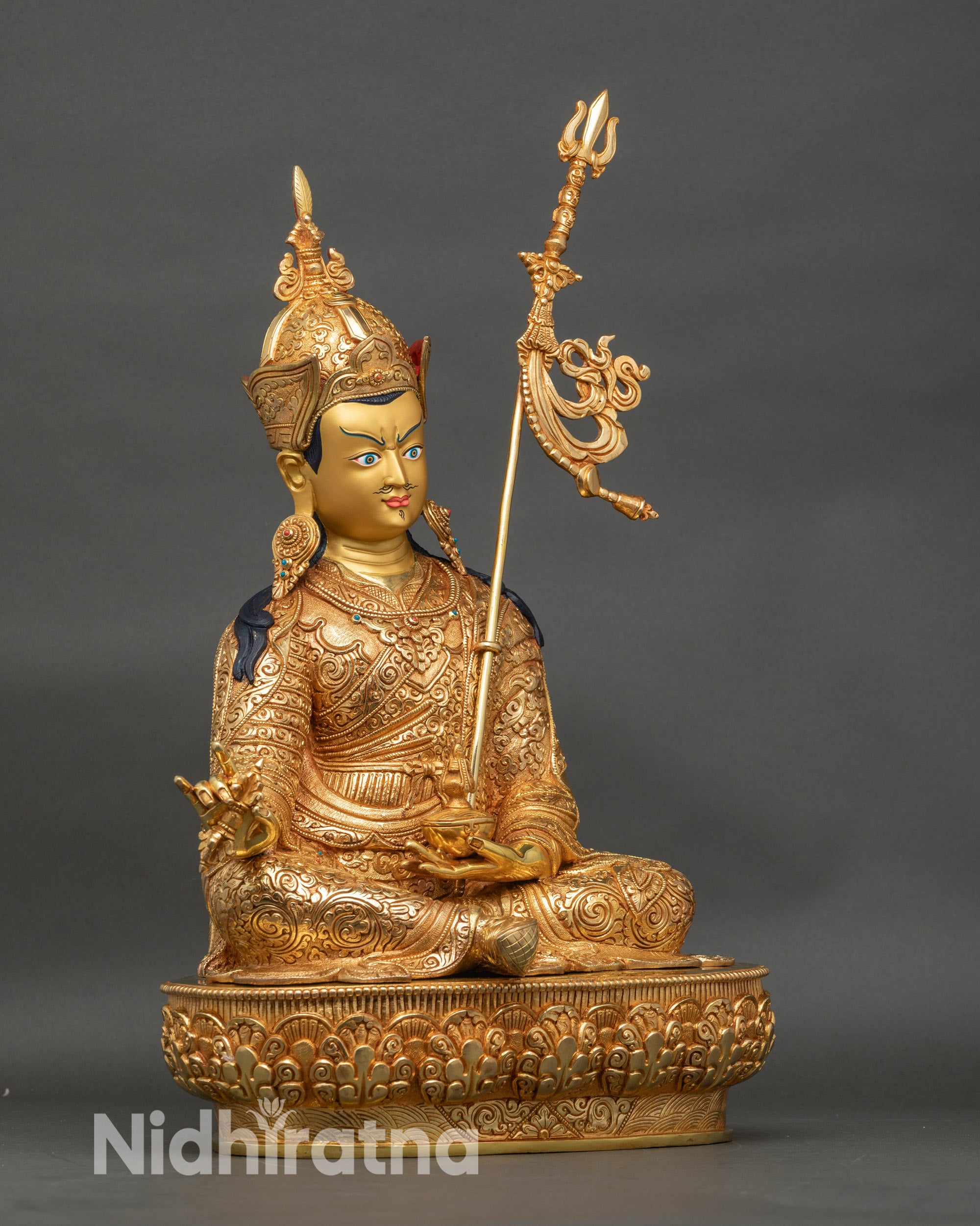 Right side view of Guru Rinpoche Statue, handcrafted Nepalese Buddhist art