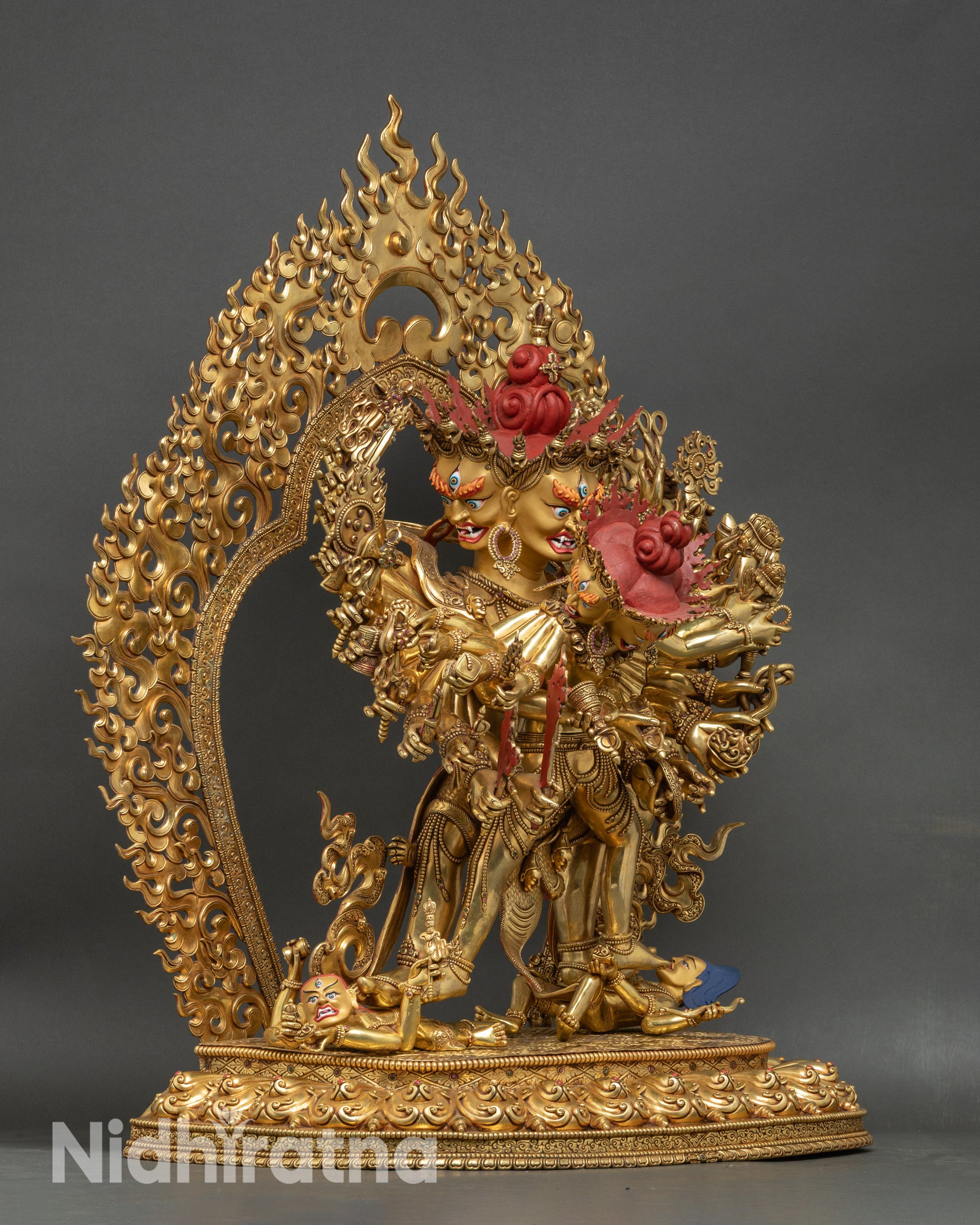 Right side view of Kalachakra Statue, Newari copper and gold Buddhist art