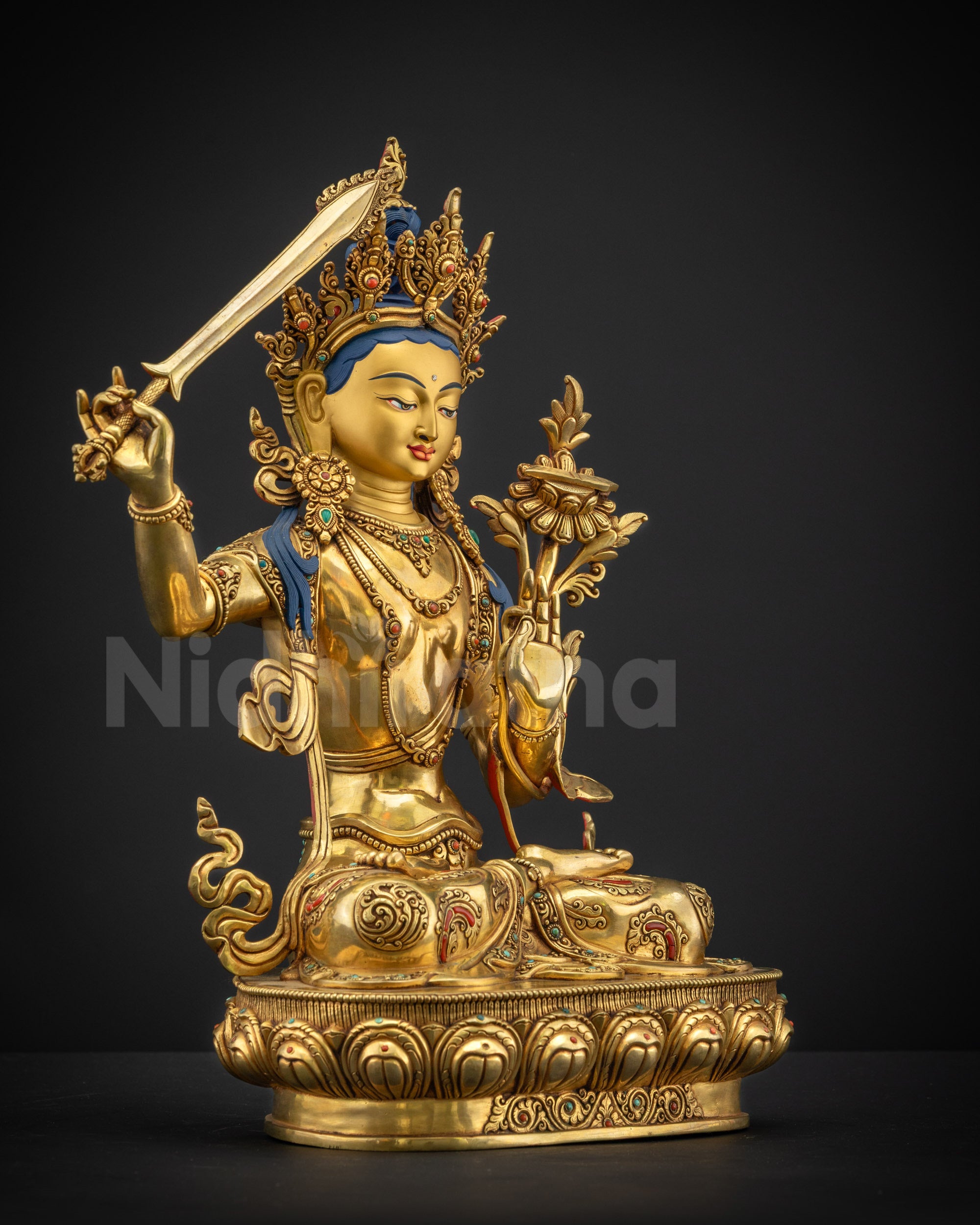 Right side view of Masterpiece Manjushri Statue with flaming sword of wisdom