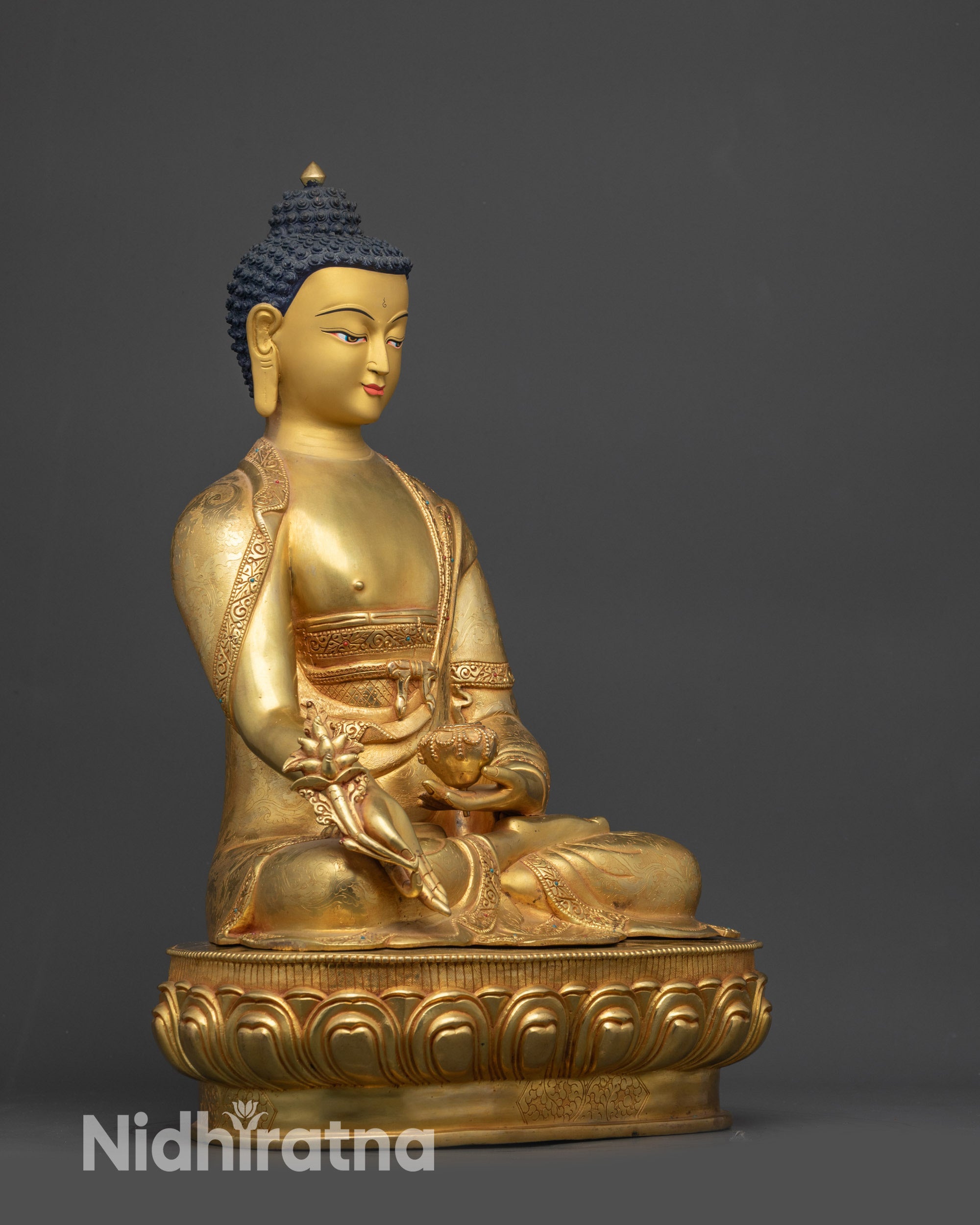 Right side view of Medicine Buddha Bhaisajyaguru with myrobalan vase and carved garments