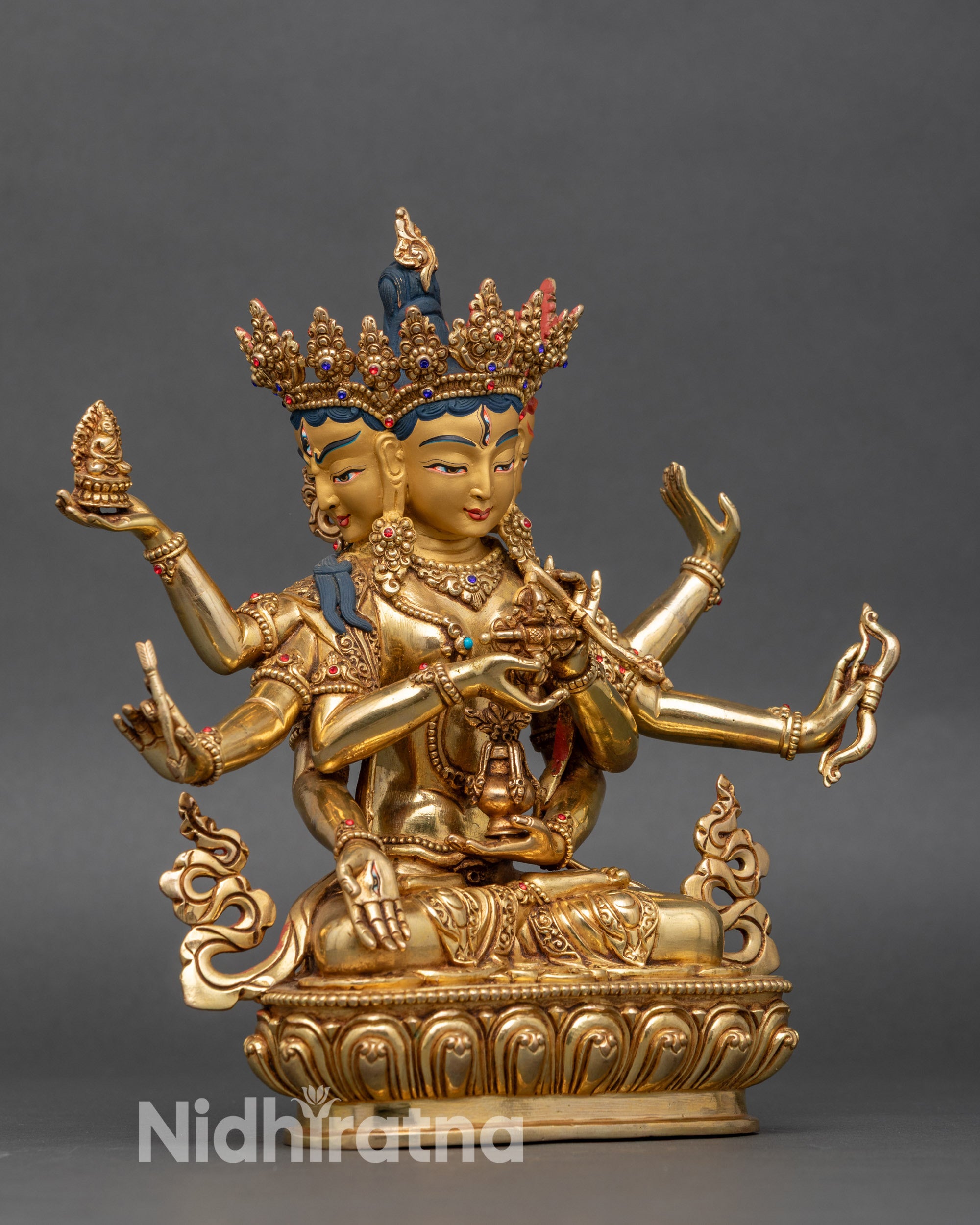 Right side view of Namgyalma Ushnishavijaya statue, lotus pedestal and sacred objects