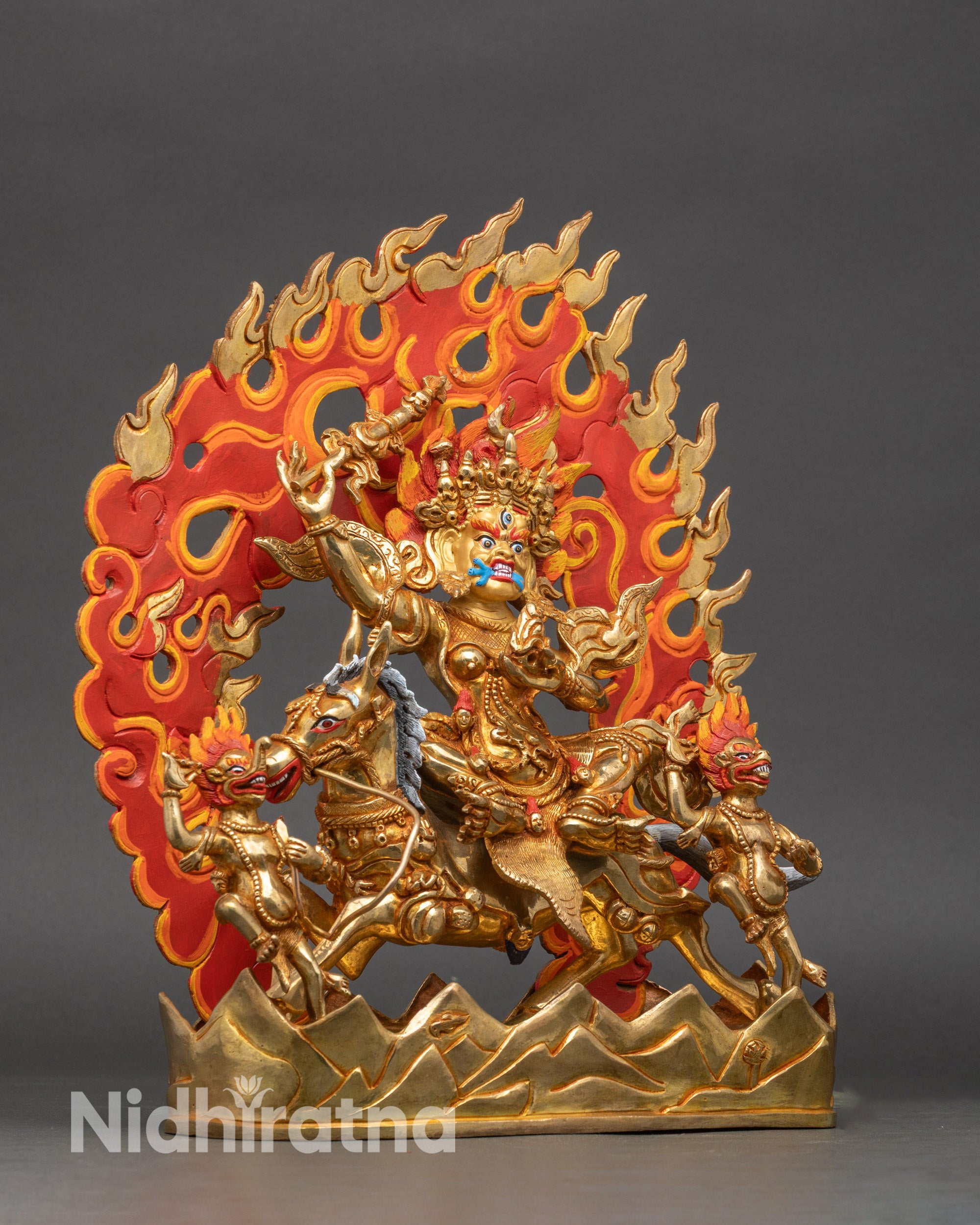 Right side view of Palden Lhamo Riding Mule Statue, Nepalese handcrafted Buddhist deity art