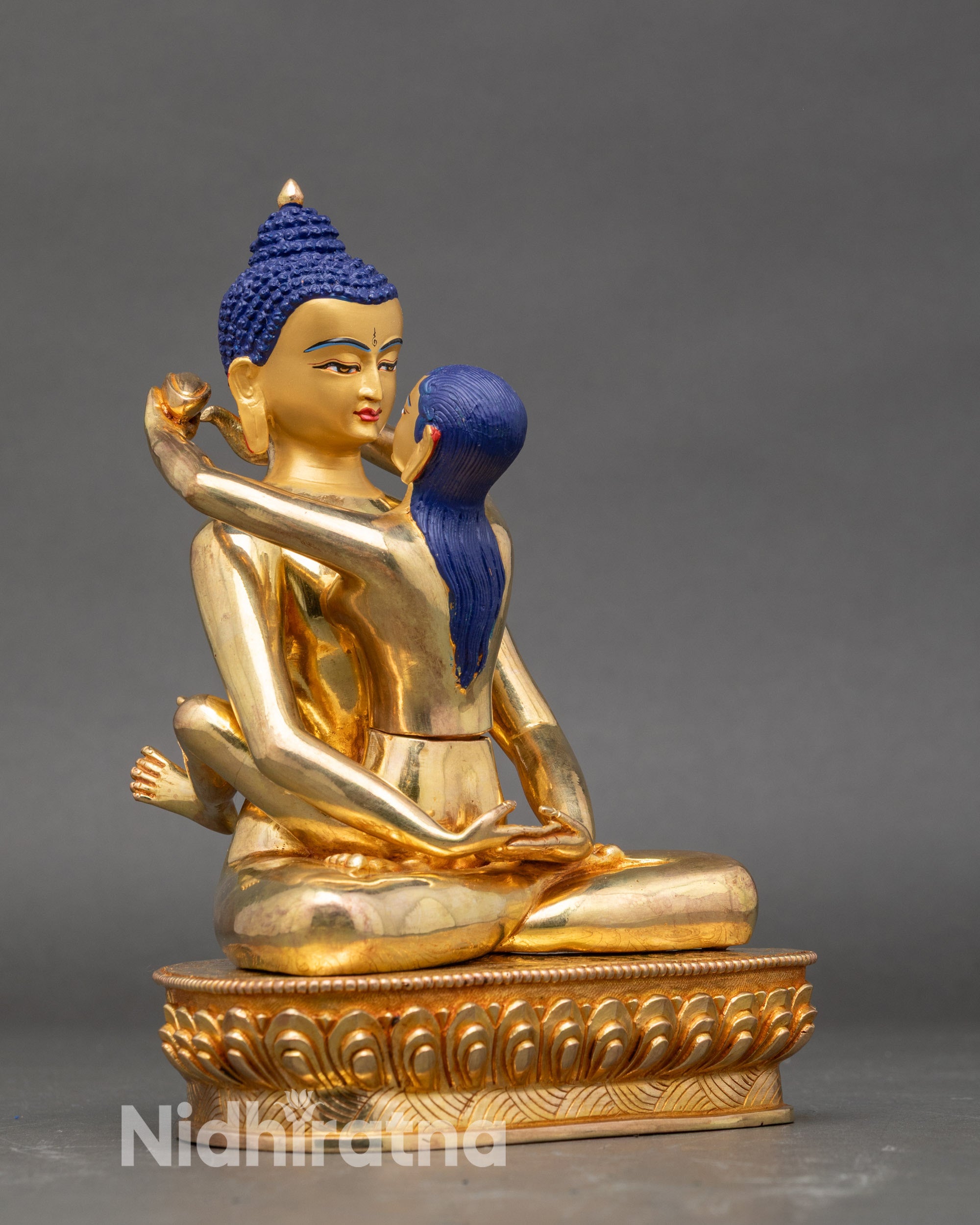 Right side view of Samantabhadra Yab-Yum Statue showing lotus pedestal and gilded details
